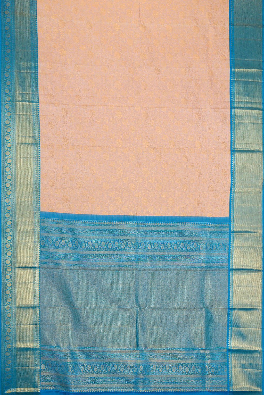 Flat view of Rose Gold Dual Tone Kanjivaram Silk Saree with Zari Brocade on the body and Zari Border. 