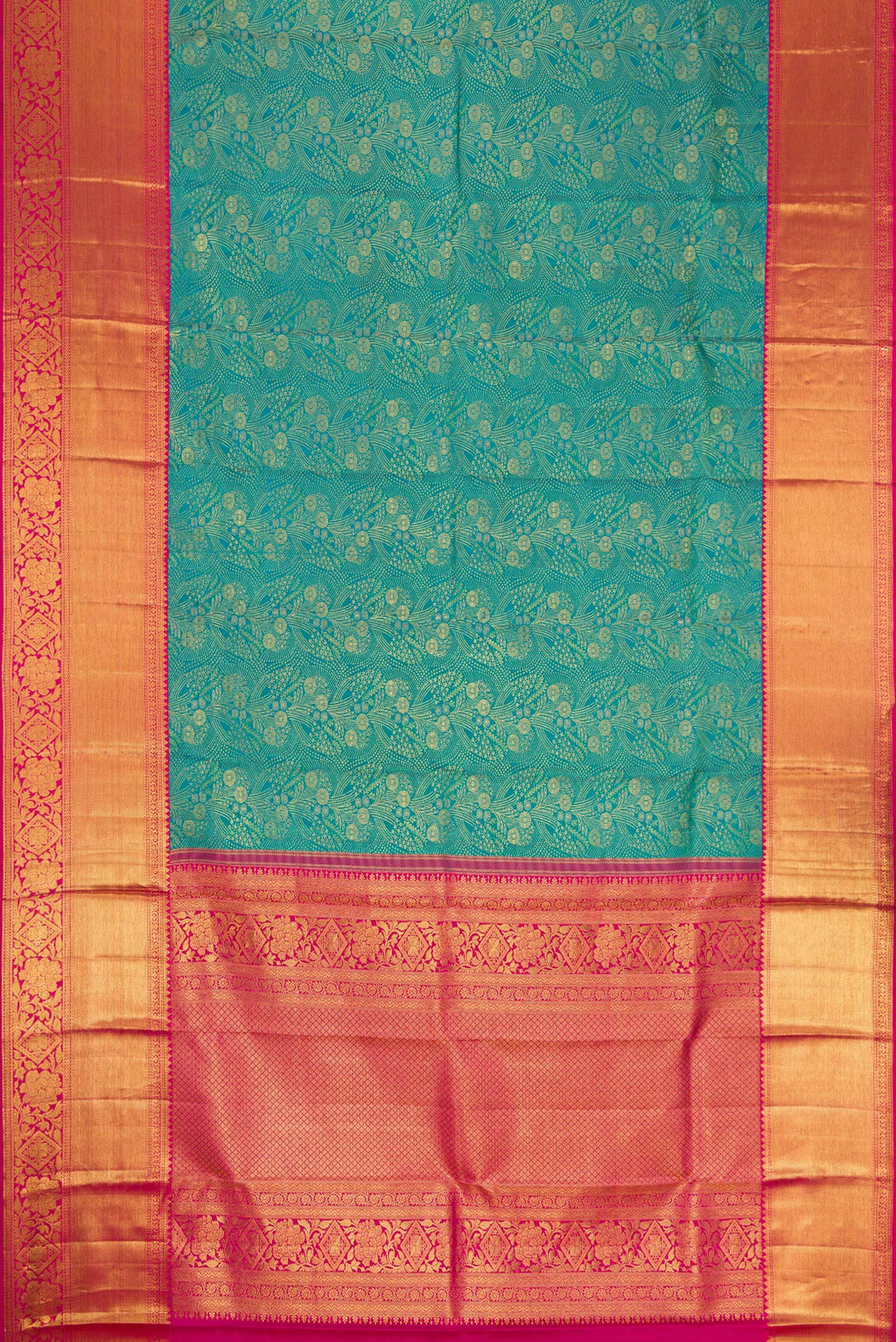 Flat view of Green Dual Tone Kanjivaram Silk Saree with Zari Brocade on the body and Zari Border. 