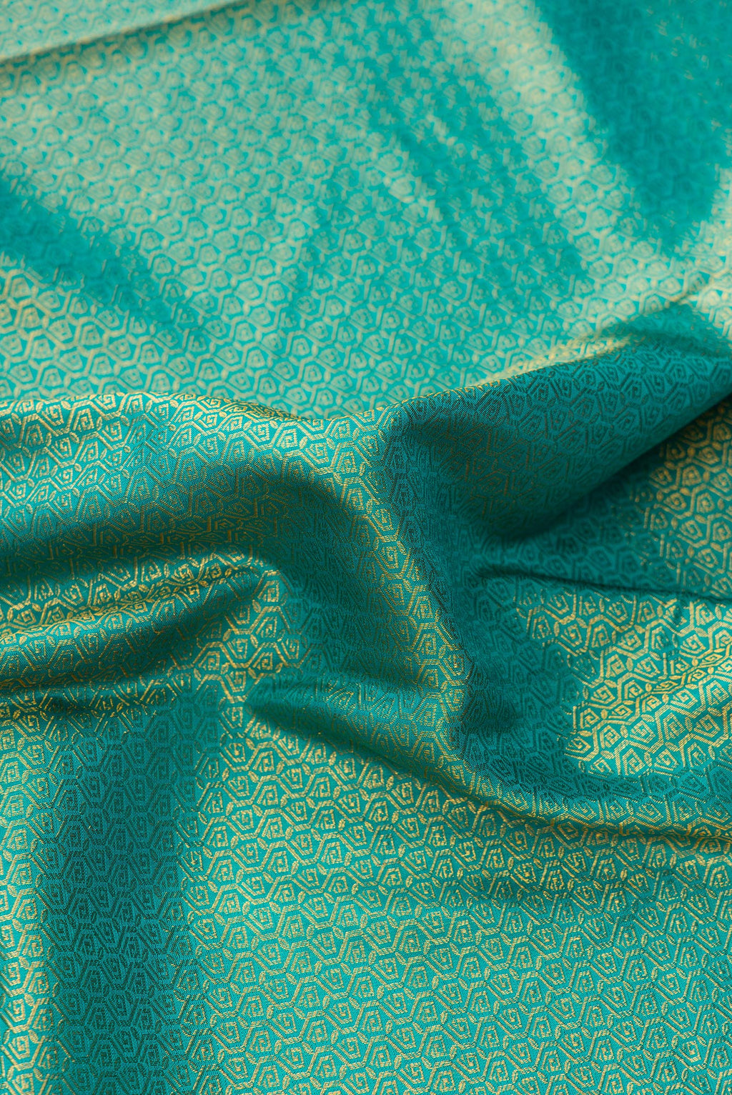 Close up of Sea Green Dual Tone Kanjivaram Silk Saree with Zari Brocade on the body and Zari Border.  displaying folds