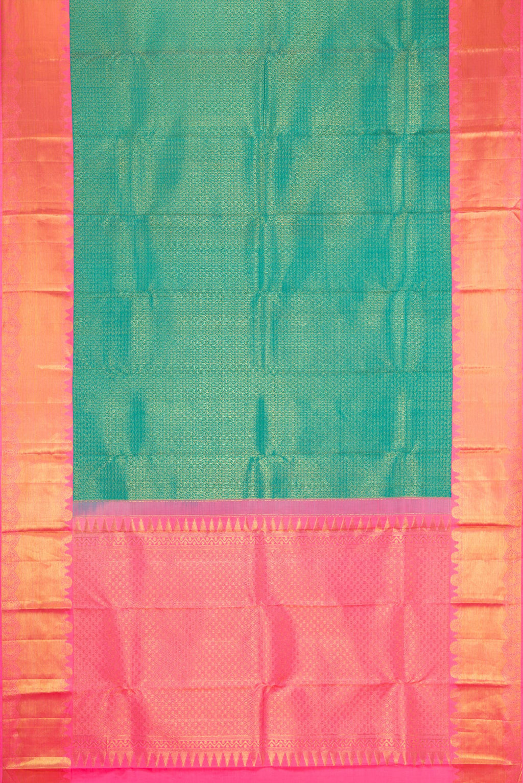 Flat view of Sea Green Dual Tone Kanjivaram Silk Saree with Zari Brocade on the body and Zari Border. 