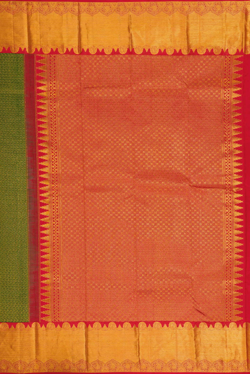 Close up image of the pallu of Green Dual Tone Kanjivaram Silk Saree with Zari Brocade on the body and Zari Border. 