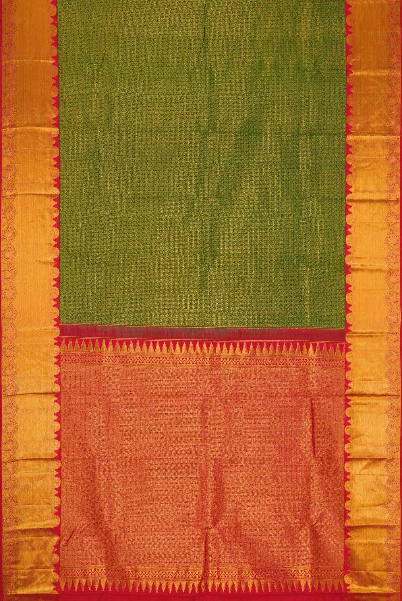 Flat view of Green Dual Tone Kanjivaram Silk Saree with Zari Brocade on the body and Zari Border. 