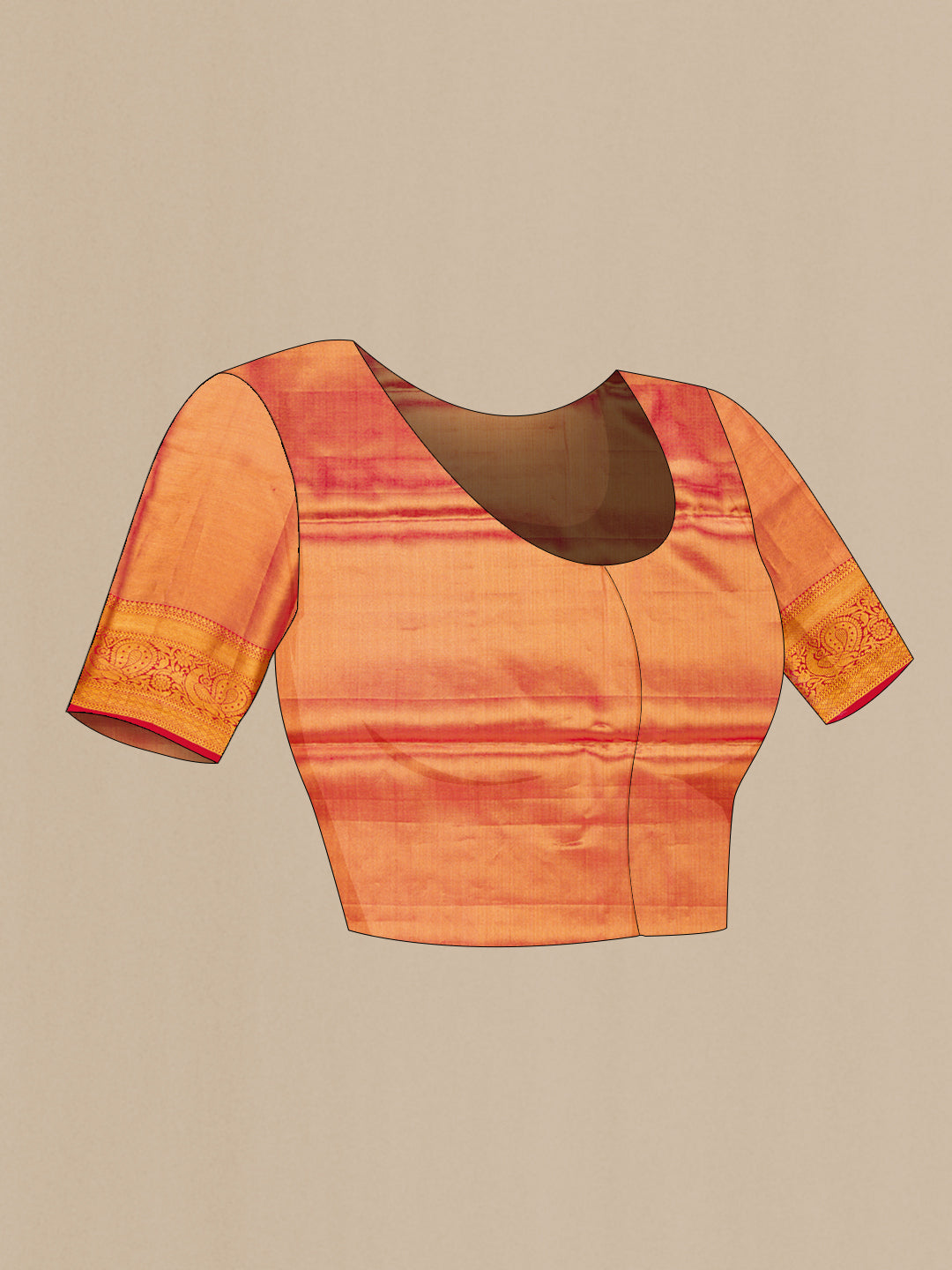 Close up image of the blouse of Pure Silk Pure Zari Gold Dual Tone Kanjivaram Tissue Saree with Zari Brocade on the body and Zari Border. 