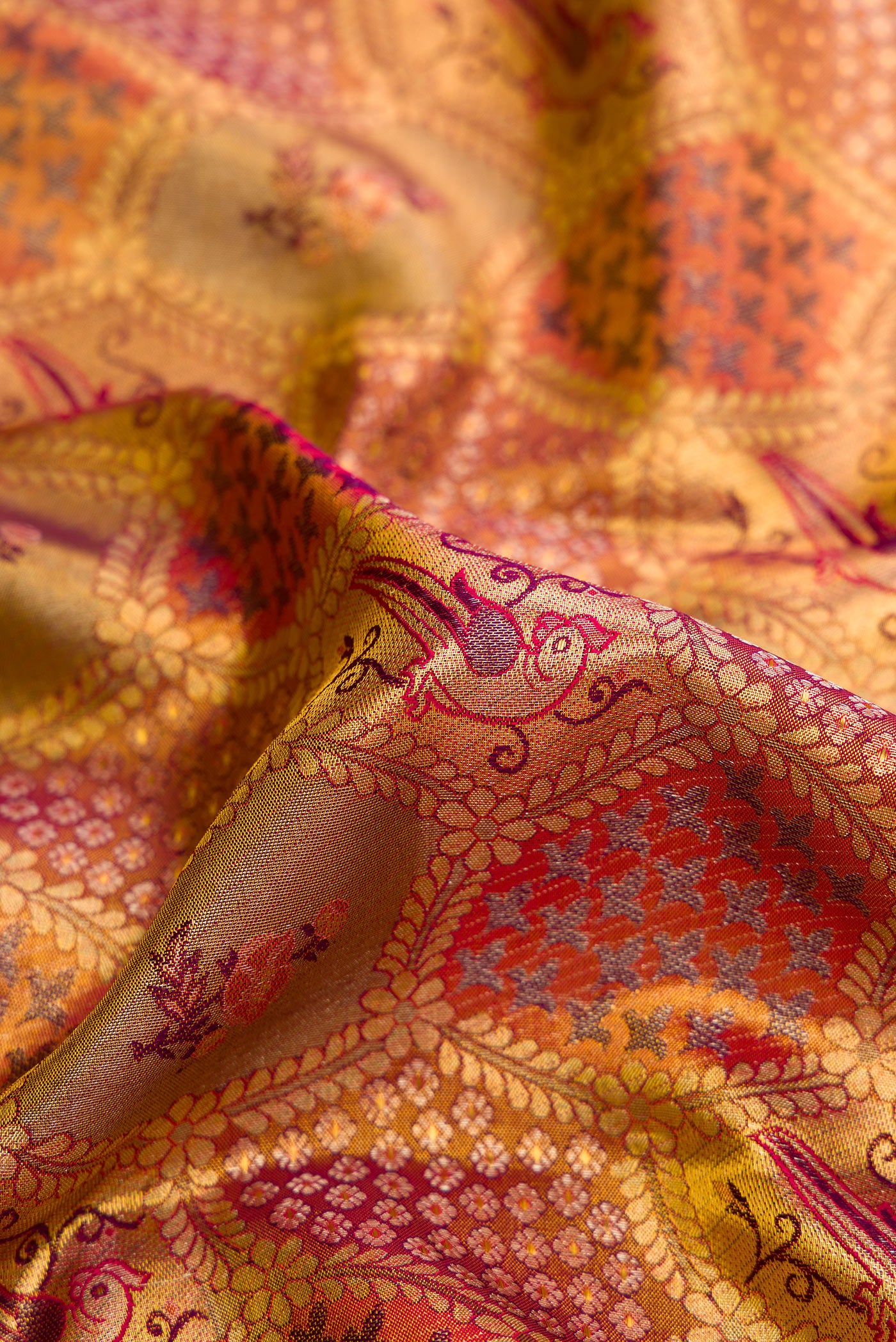 Close up of Pure Silk Pure Zari Gold Dual Tone Kanjivaram Tissue Saree with Zari Brocade on the body and Zari Border.  displaying folds