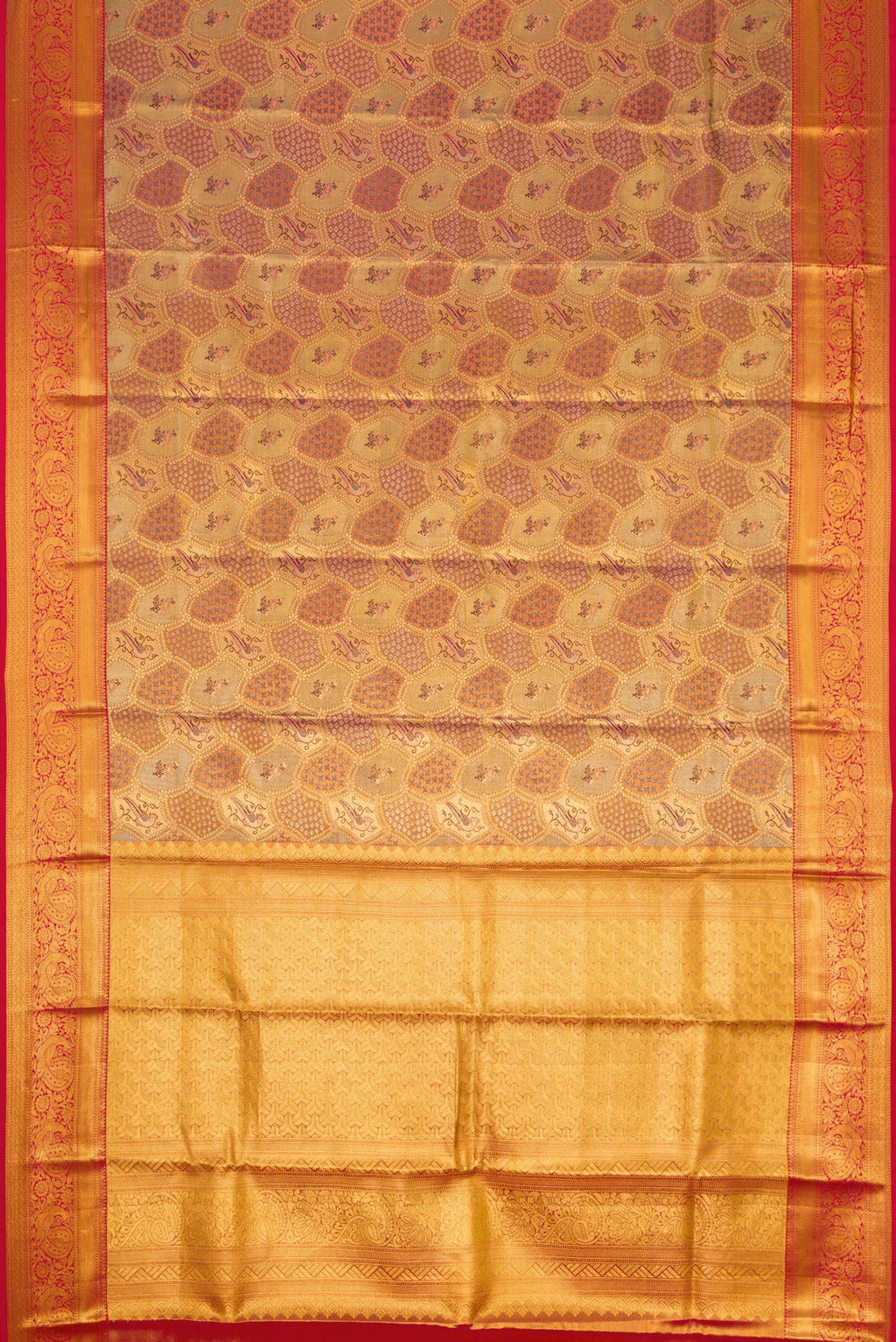 Flat view of Pure Silk Pure Zari Gold Dual Tone Kanjivaram Tissue Saree with Zari Brocade on the body and Zari Border. 