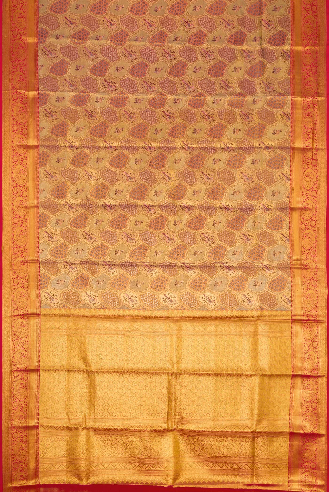 Flat view of Pure Silk Pure Zari Gold Dual Tone Kanjivaram Tissue Saree with Zari Brocade on the body and Zari Border. 