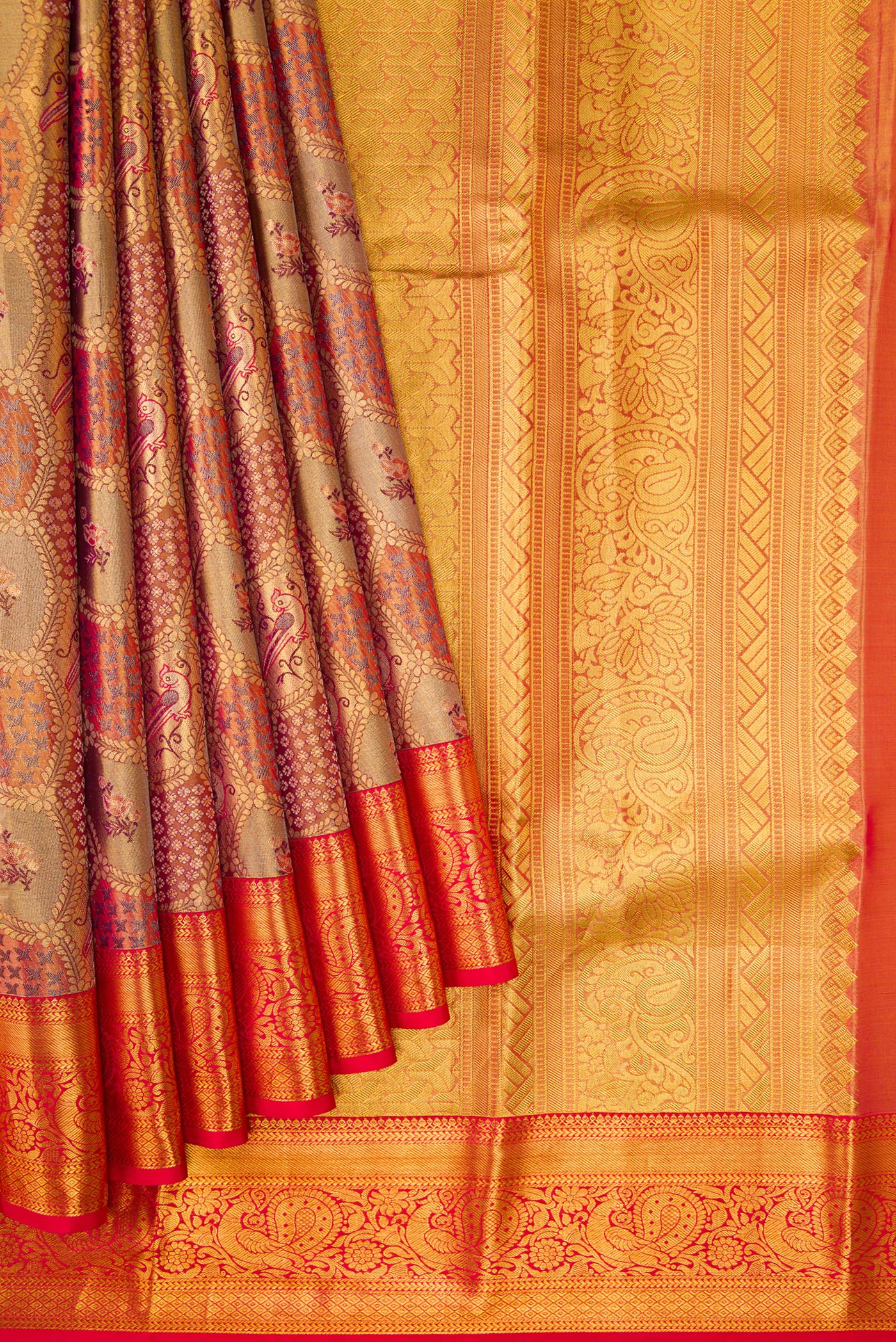 Pleats and pallu of Pure Silk Pure Zari Gold Dual Tone Kanjivaram Tissue Saree with Zari Brocade on the body and Zari Border. 