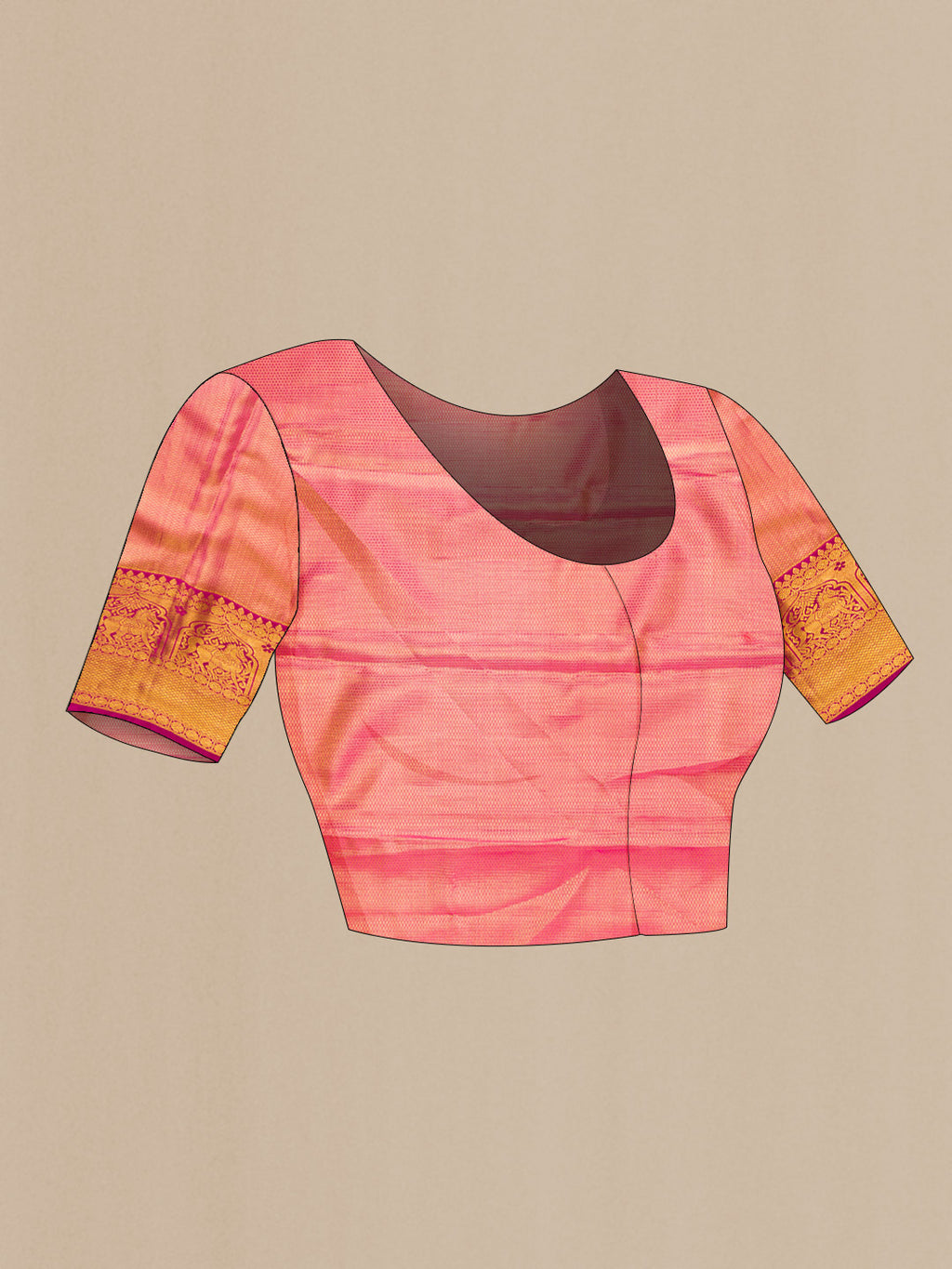 Close up image of the blouse of Gold Dual Tone Kanjivaram Tissue Silk Saree with Zari Brocade on the body and Zari Border. 