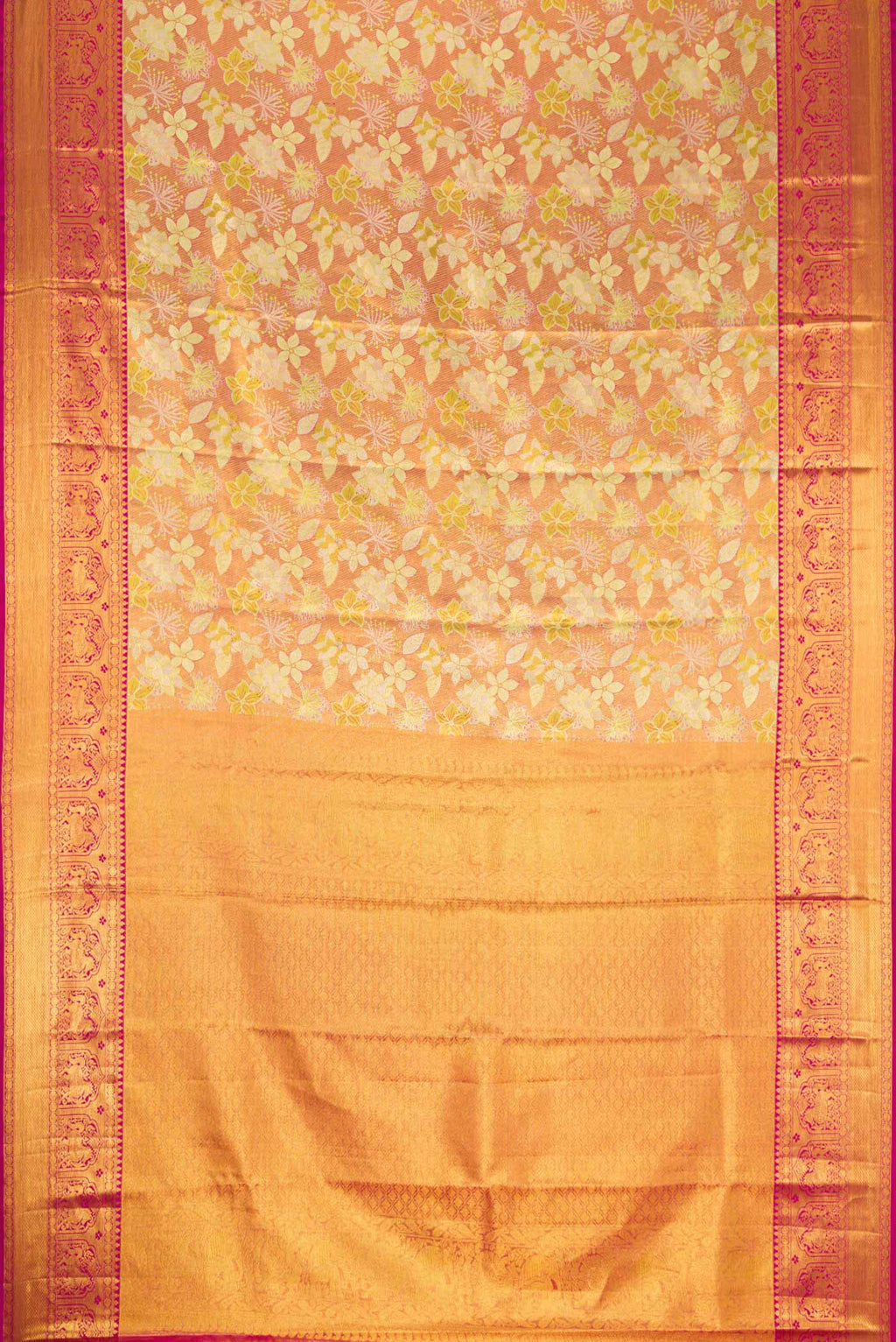 Flat view of Gold Dual Tone Kanjivaram Tissue Silk Saree with Zari Brocade on the body and Zari Border. 
