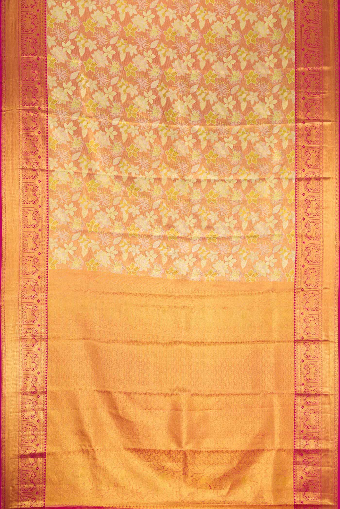 Flat view of Gold Dual Tone Kanjivaram Tissue Silk Saree with Zari Brocade on the body and Zari Border. 