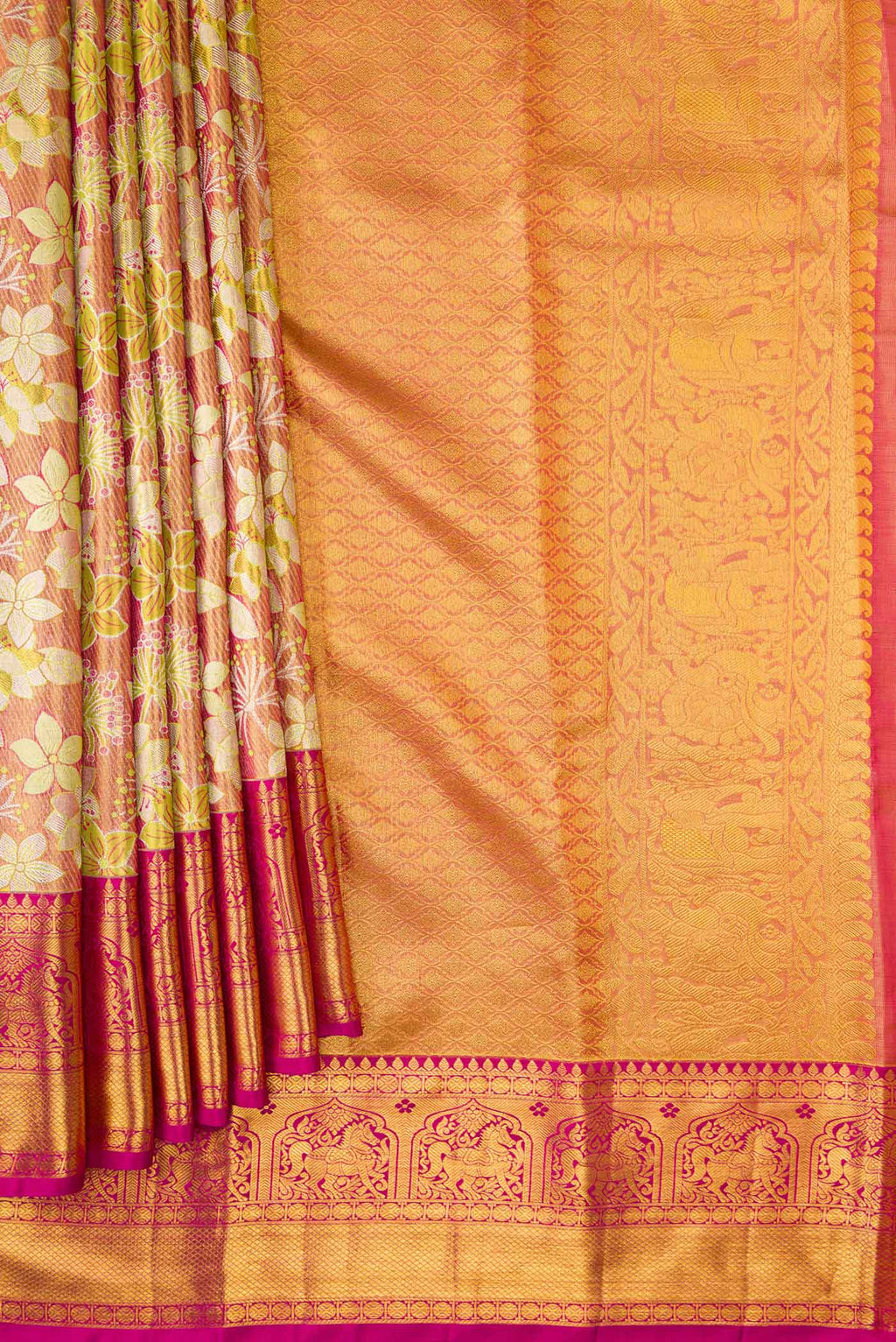 Pleats and pallu of Gold Dual Tone Kanjivaram Tissue Silk Saree with Zari Brocade on the body and Zari Border. 