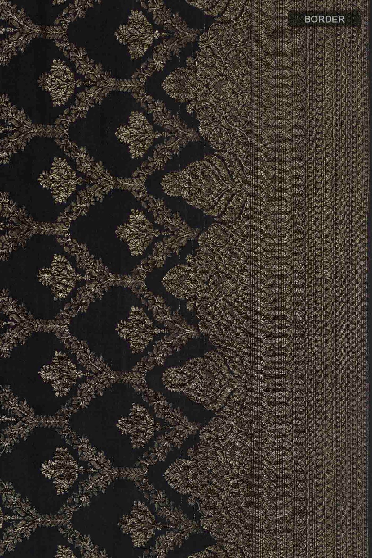 Border image of Black Mysore Crepe Saree with Zari Butta on the body and Zari Border