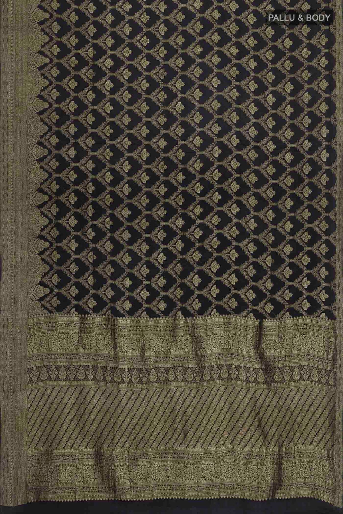 Flat view of Black Mysore Crepe Saree with Zari Butta on the body and Zari Border