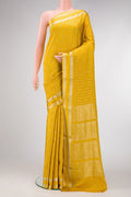 Mustard Dual Tone Mysore Georgette Saree with Stripes on the body and Zari And Thread Border.  displayed on a mannequin