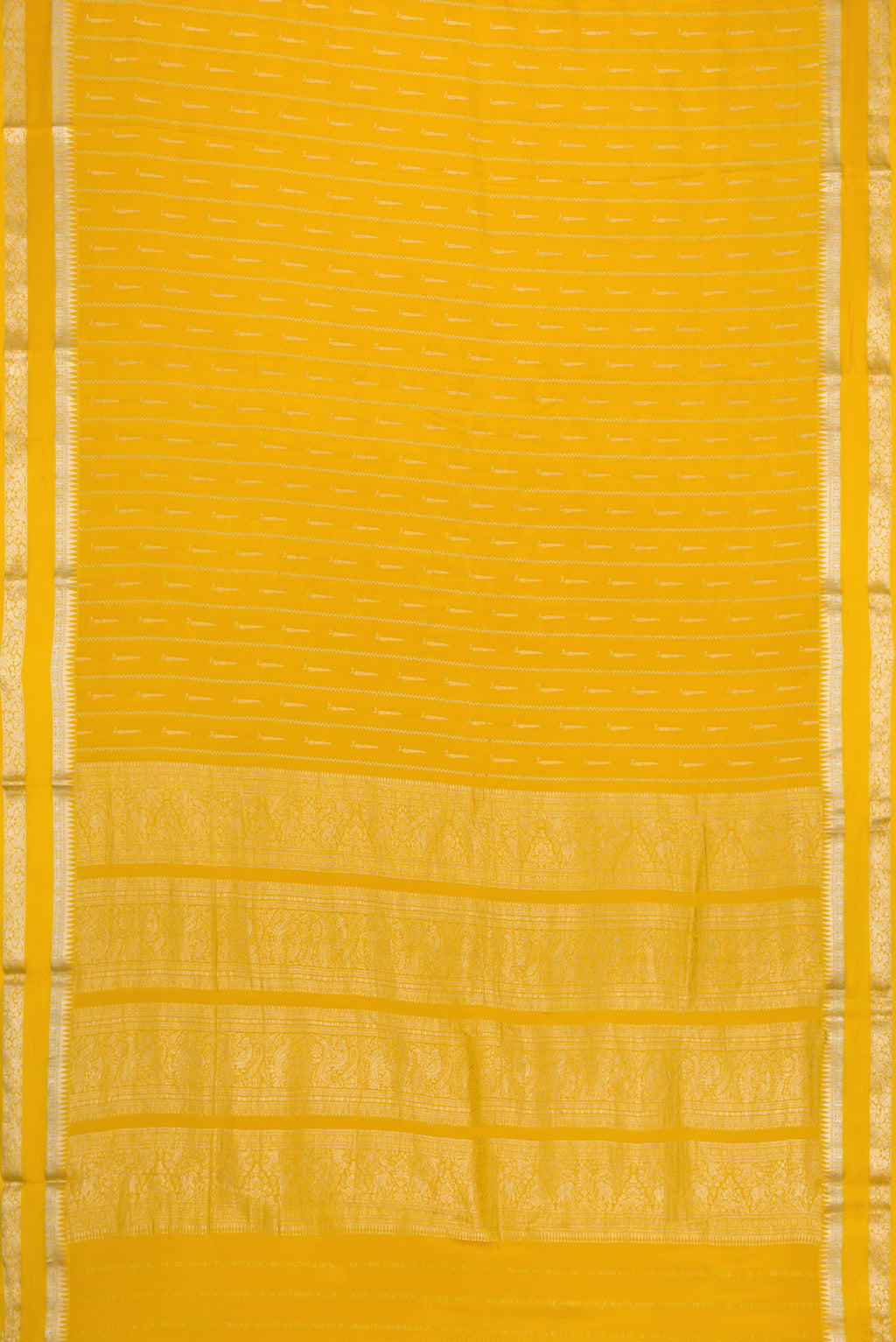 Flat view of Mustard Dual Tone Mysore Georgette Saree with Stripes on the body and Zari And Thread Border. 