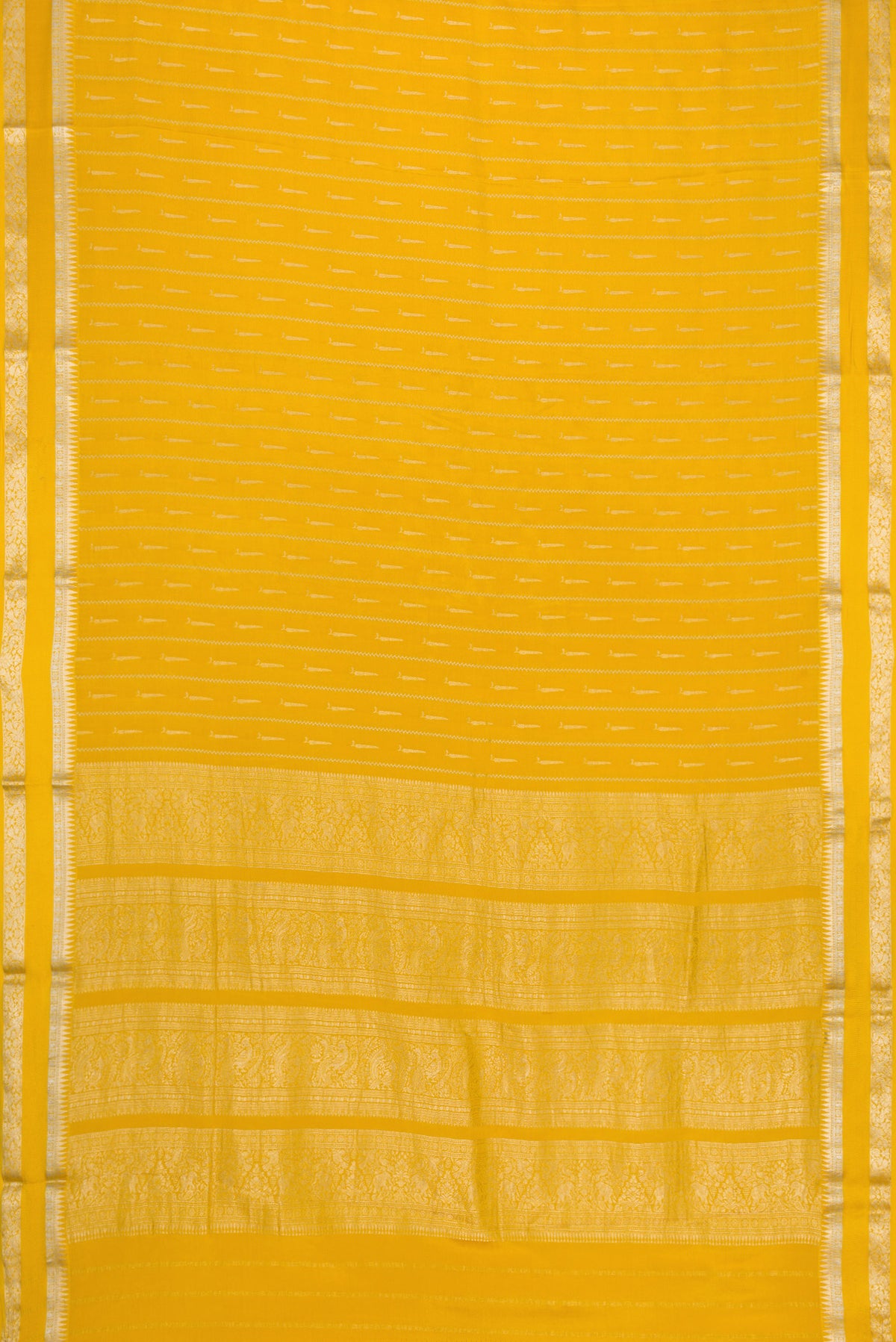 Flat view of Mustard Dual Tone Mysore Georgette Saree with Stripes on the body and Zari And Thread Border. 