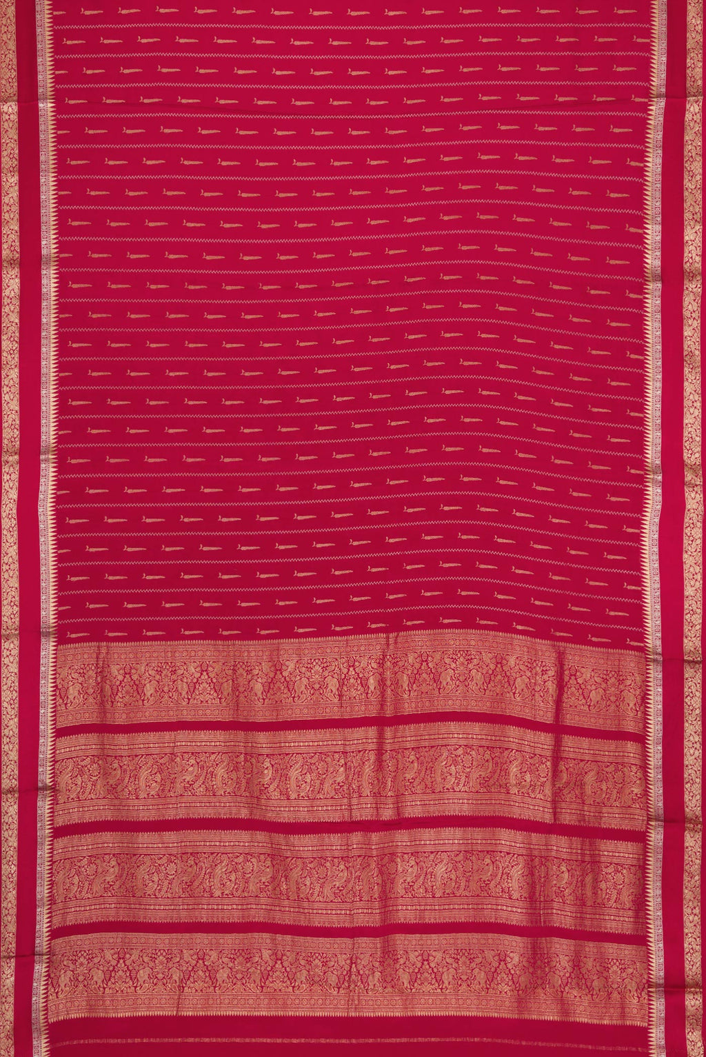 Flat view of Maroon Dual Tone Mysore Georgette Saree with Stripes on the body and Zari And Thread Border. 