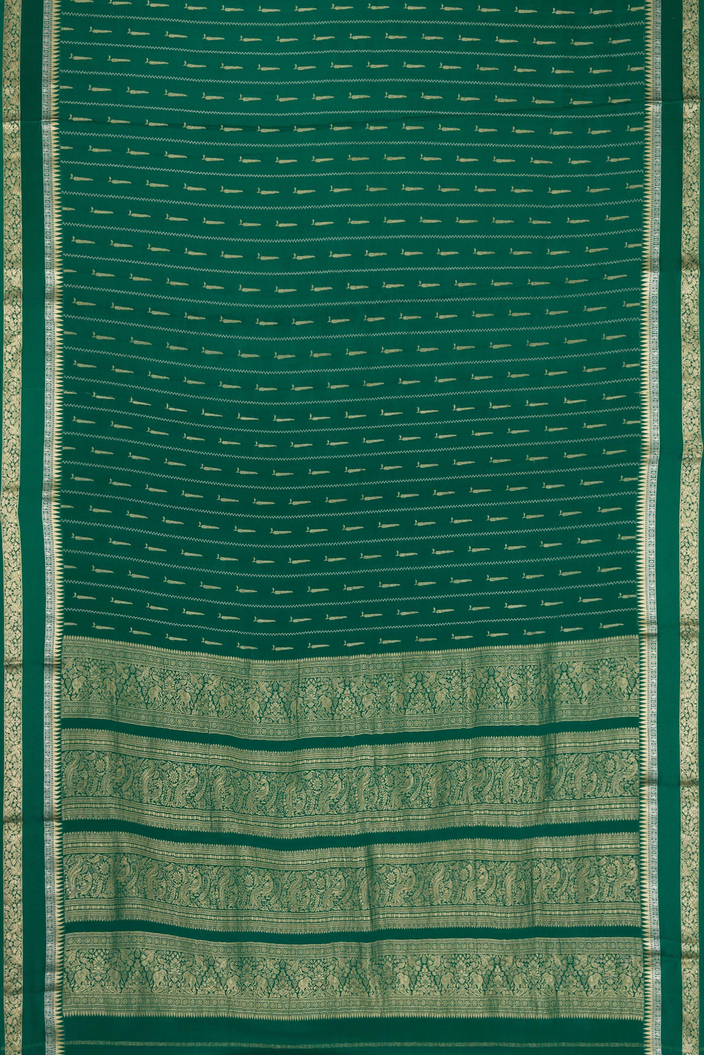 Flat view of Bottle Green Dual Tone Mysore Silk Saree with Zari Butta on the body and Zari And Thread Border. 