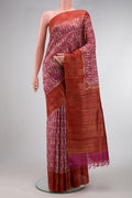 Beige Dual Tone Tussar Silk Saree with Printed design on the body and Zari Border.  displayed on a mannequin