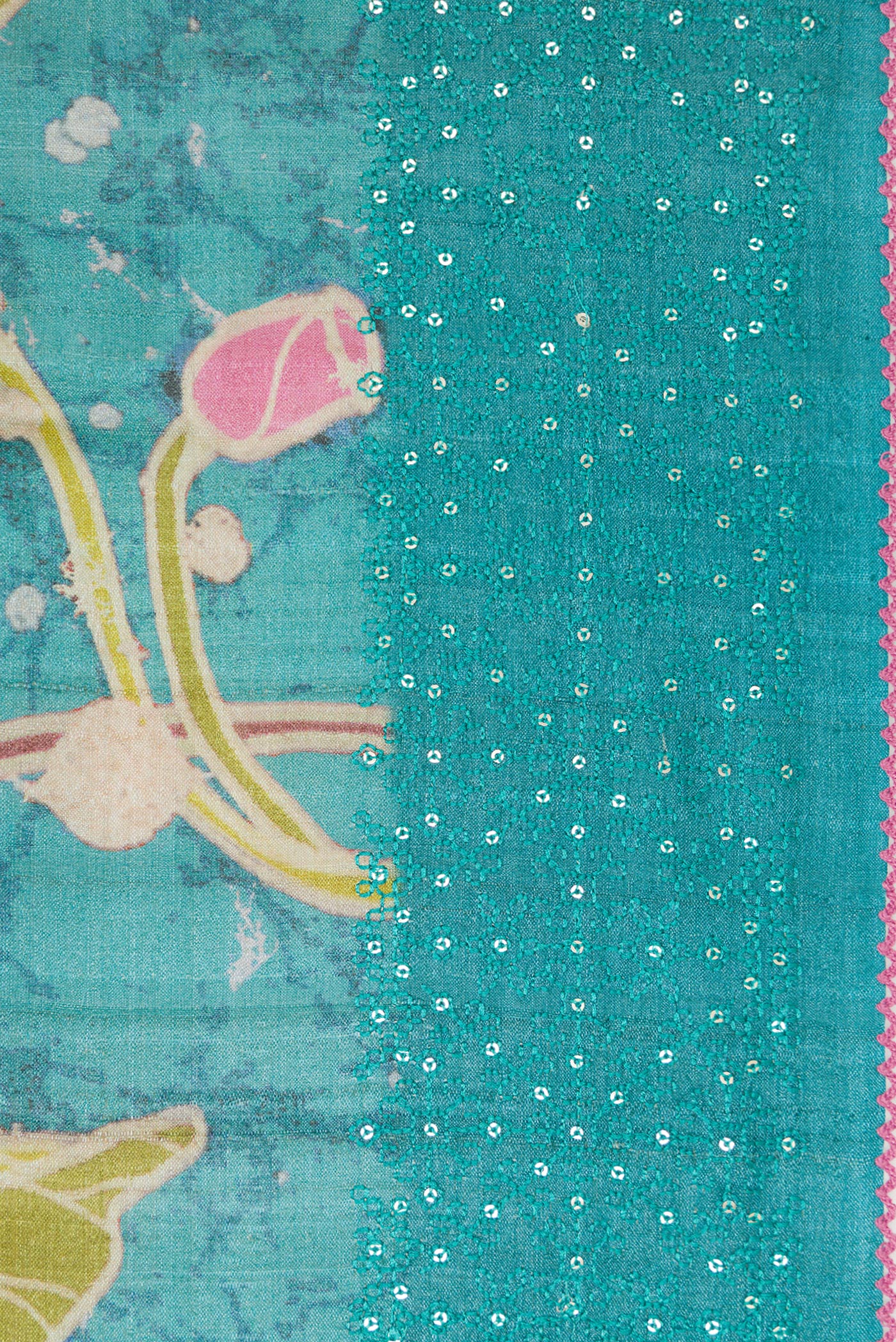 Border image of Maya Blue Dual Tone Tussar Silk Saree with Printed design on the body and Embroidery Border. 