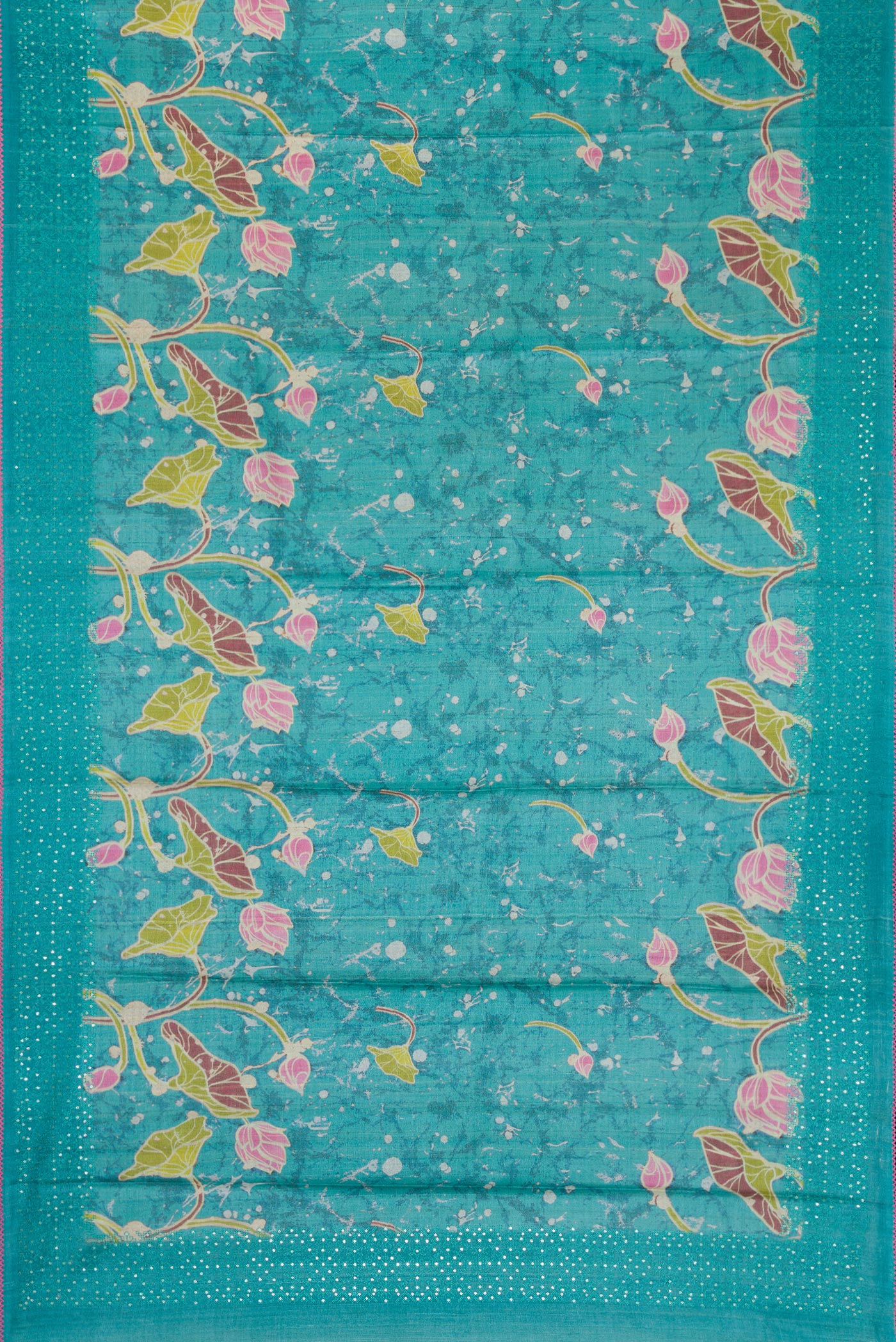 Flat view of Maya Blue Dual Tone Tussar Silk Saree with Printed design on the body and Embroidery Border. 