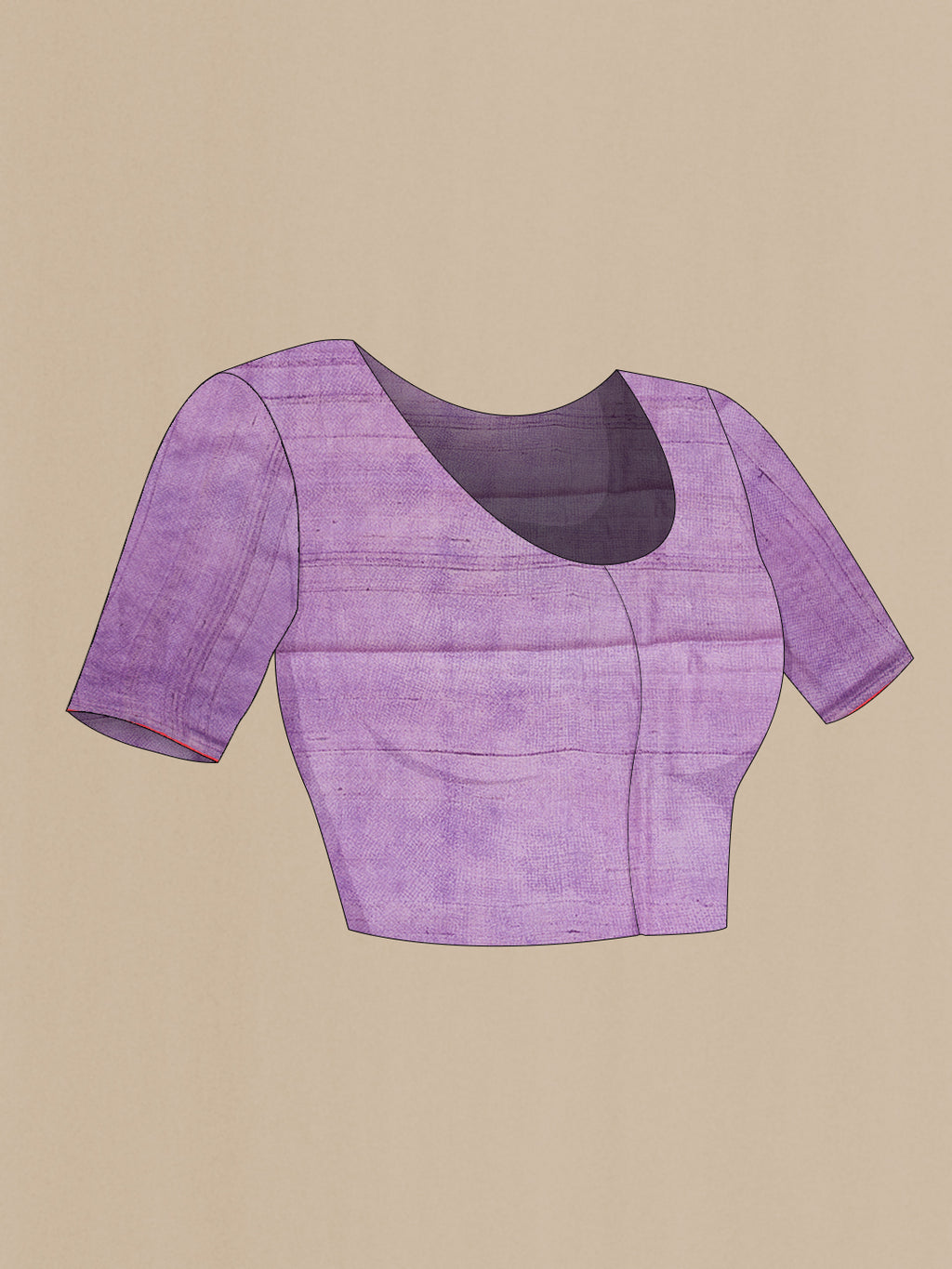 Close up image of the blouse of Lavender Dual Tone Tussar Silk Saree with Printed design on the body and Embroidery Border. 