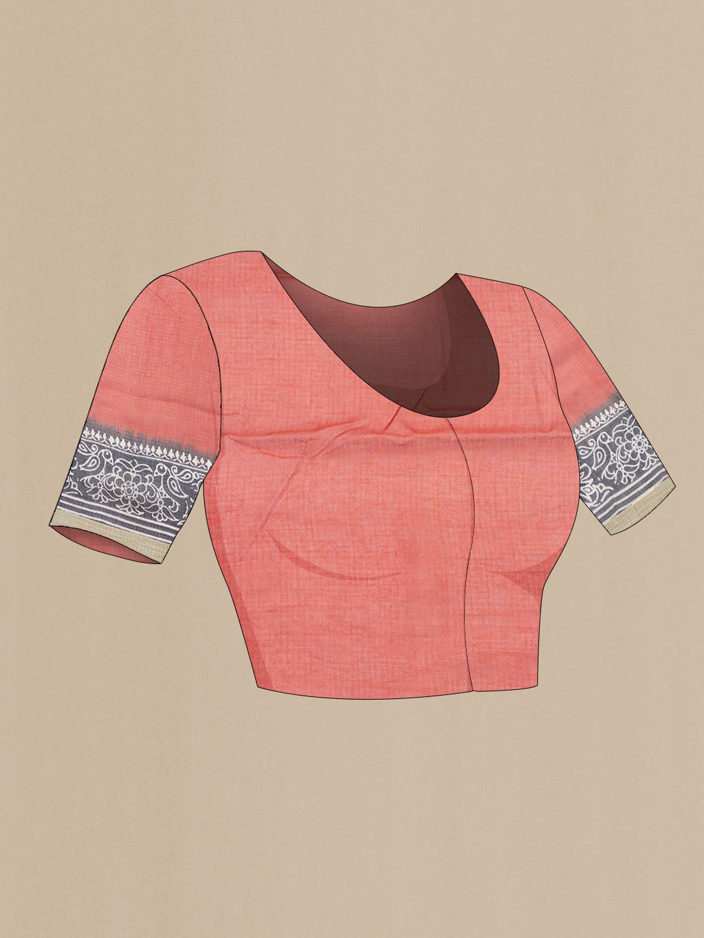 Close up image of the blouse of Maroon Kota Silk Saree with Printed design on the body and Printed Border. 