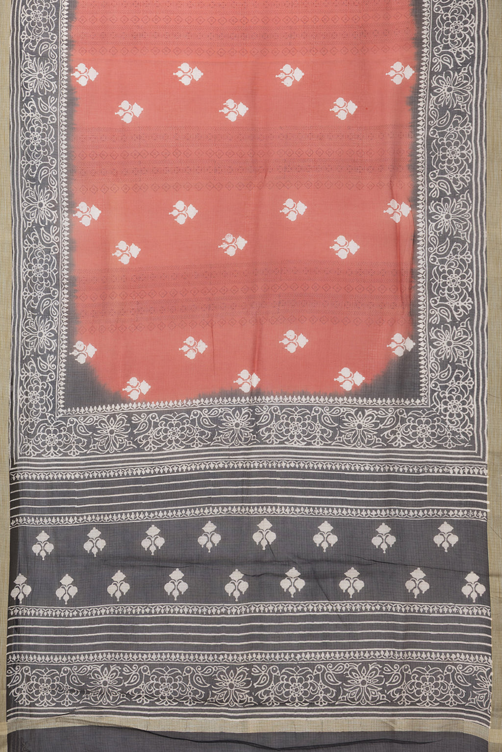 Flat view of Maroon Kota Silk Saree with Printed design on the body and Printed Border. 