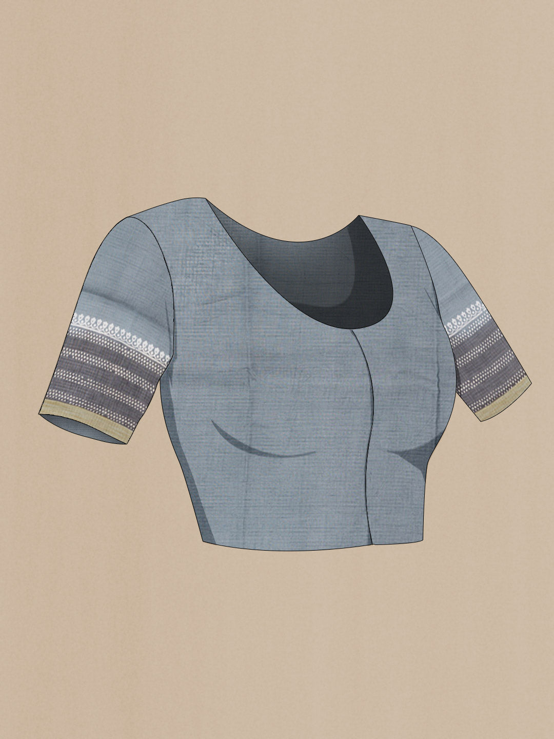 Close up image of the blouse of Grey Kota Cotton SareePrinted design on the body and Plain Border