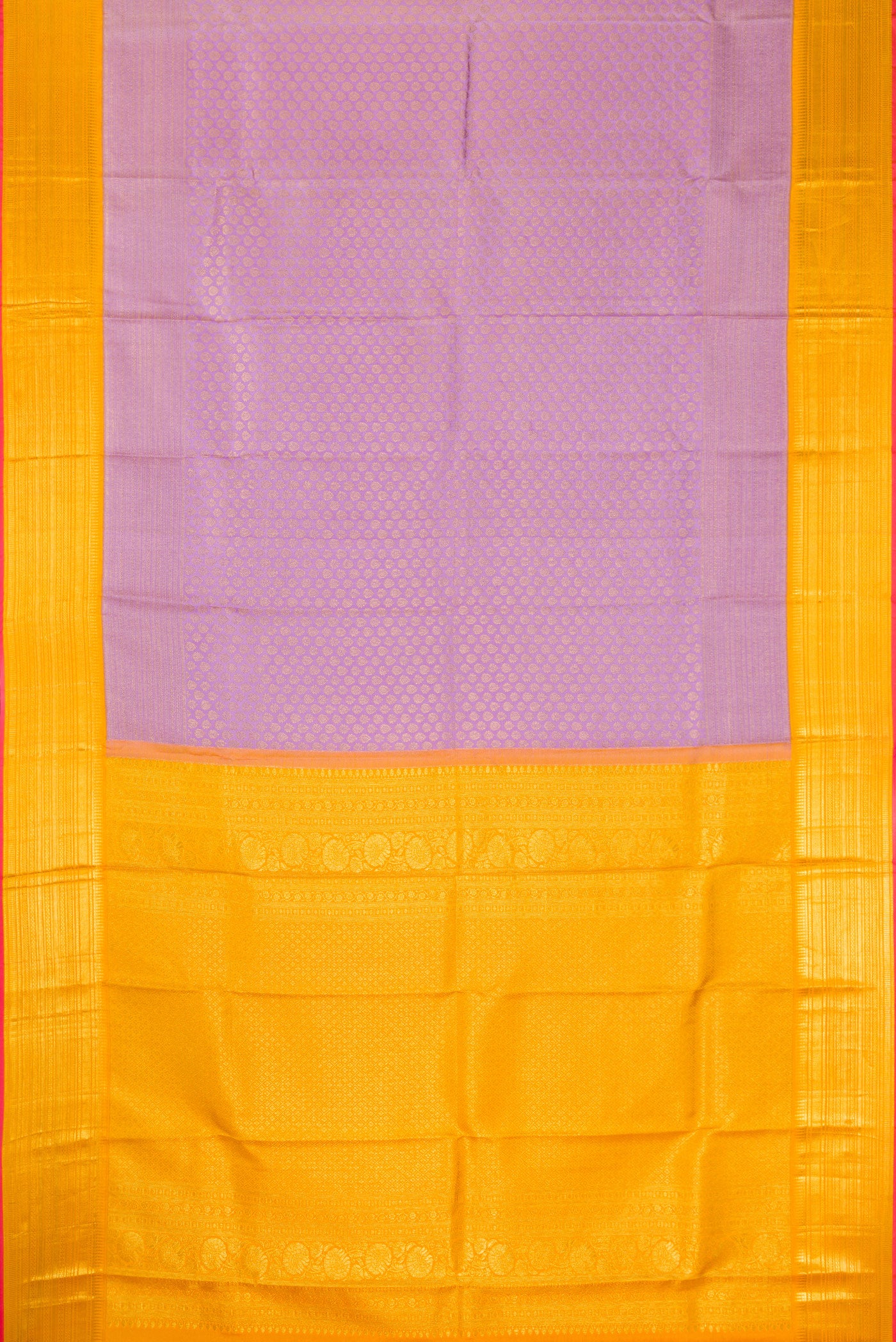 Flat view of Lavender Dual Tone Kanchipuram Silk Saree with Zari Brocade on the body and Zari Border. 