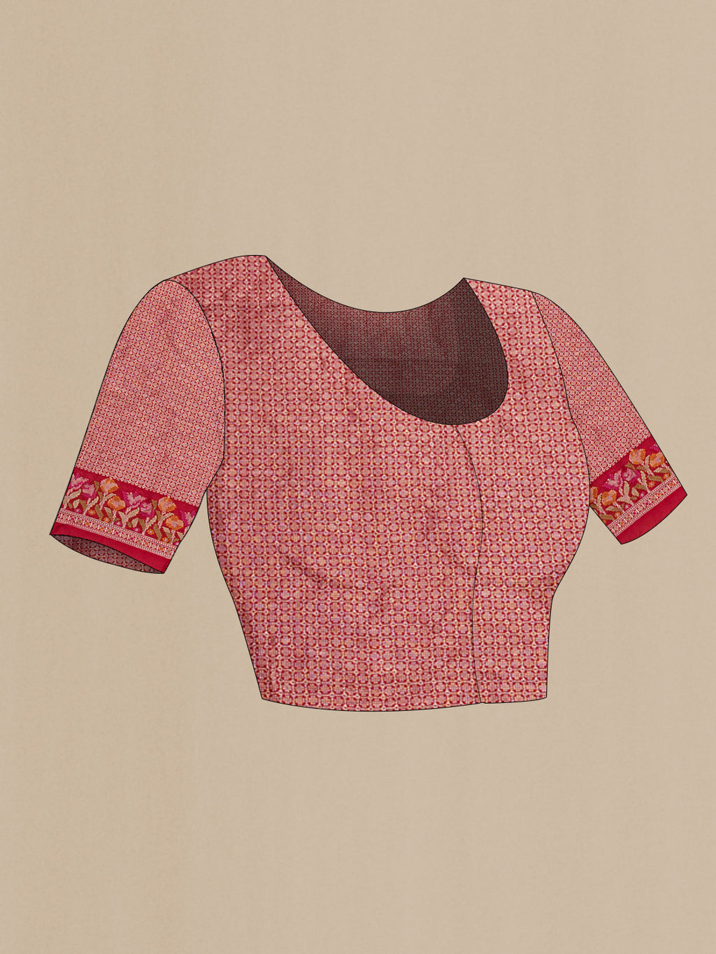 Close up image of the blouse of Red Blended Banarasi Silk Saree with Zari Butta on the body and Fancy Border. 