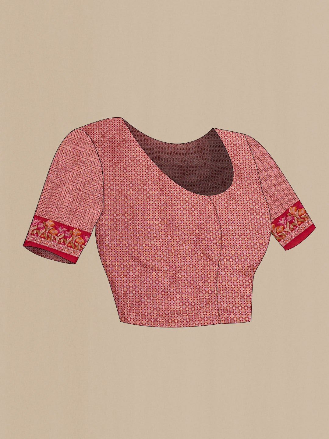 Close up image of the blouse of Red Blended Banarasi Silk Saree with Zari Butta on the body and Fancy Border. 
