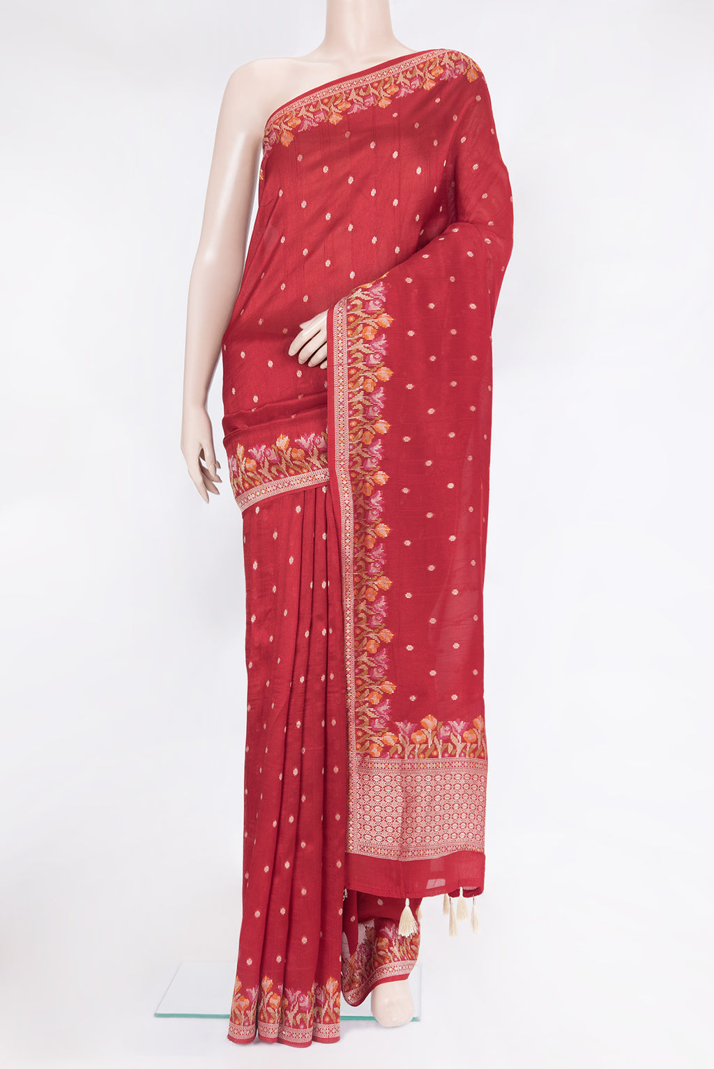 Red Blended Banarasi Silk Saree with Zari Butta on the body and Fancy Border.  displayed on a mannequin