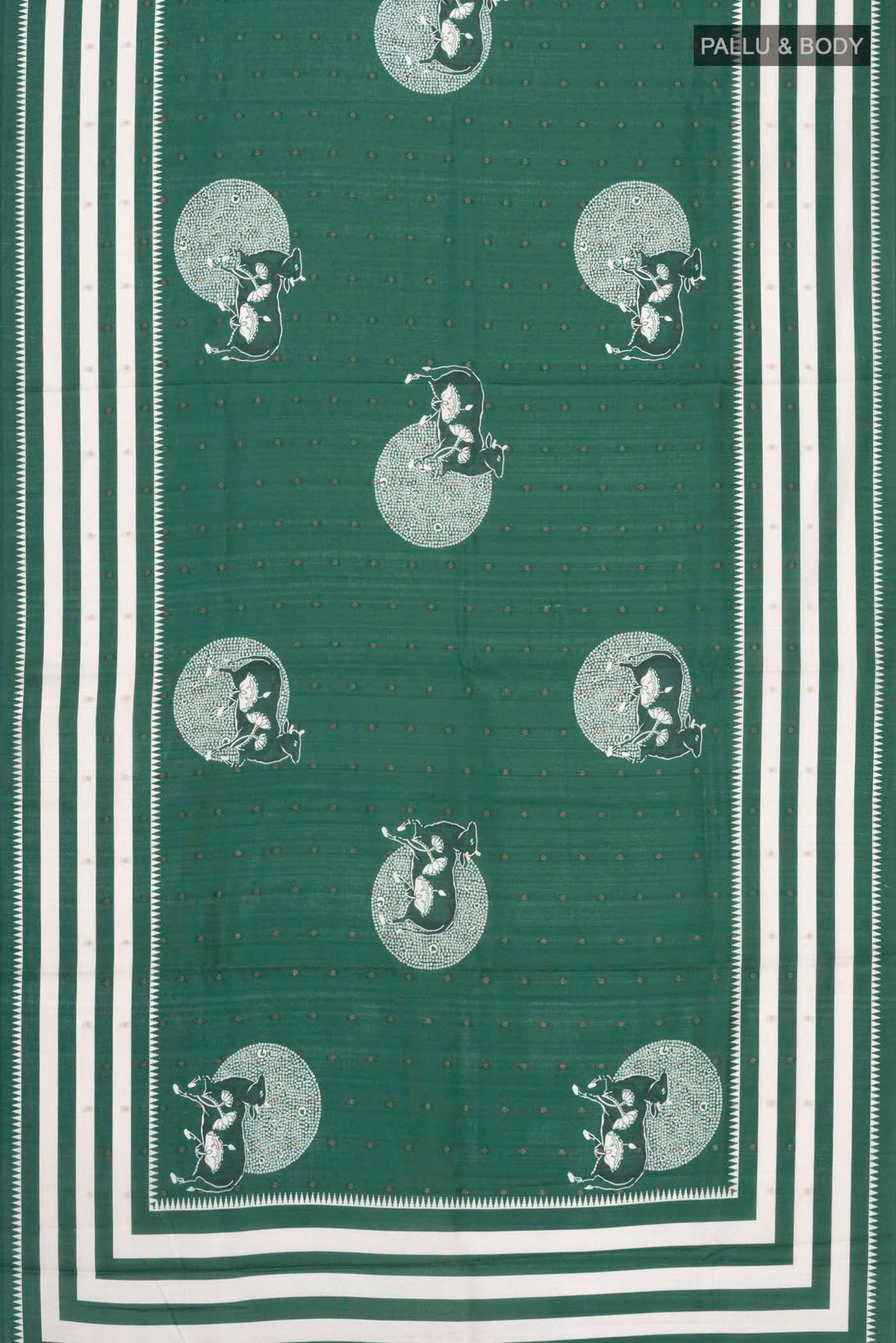 Flat view of Green Tussar Silk Saree with Zari Butta on the body and Plain Border