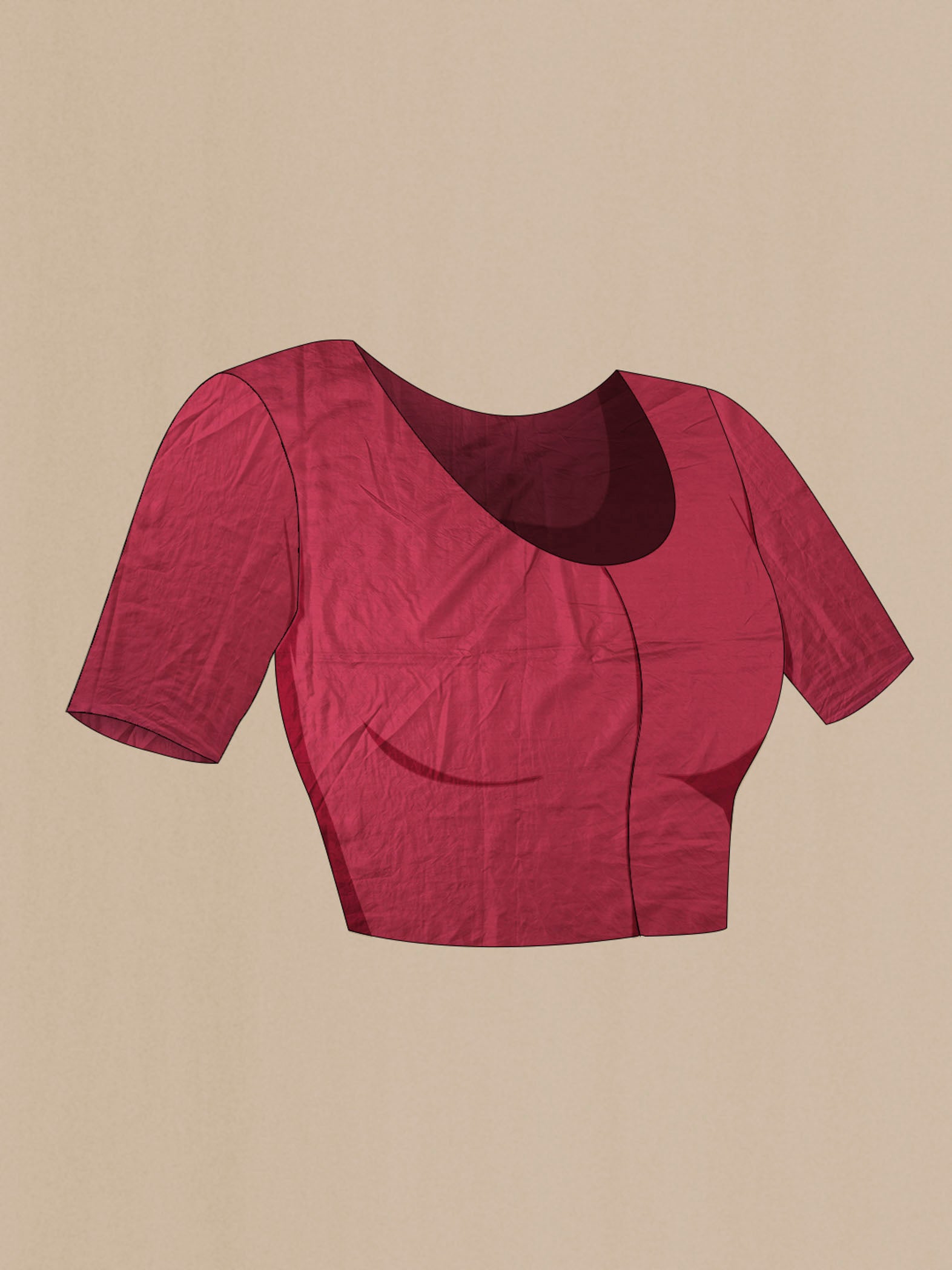 Close up image of the blouse of Red Tussar Silk Saree Printed design on the body and Without Border