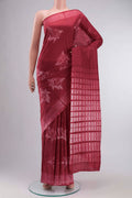 Red Tussar Silk Saree Printed design on the body and Without Border displayed on a mannequin