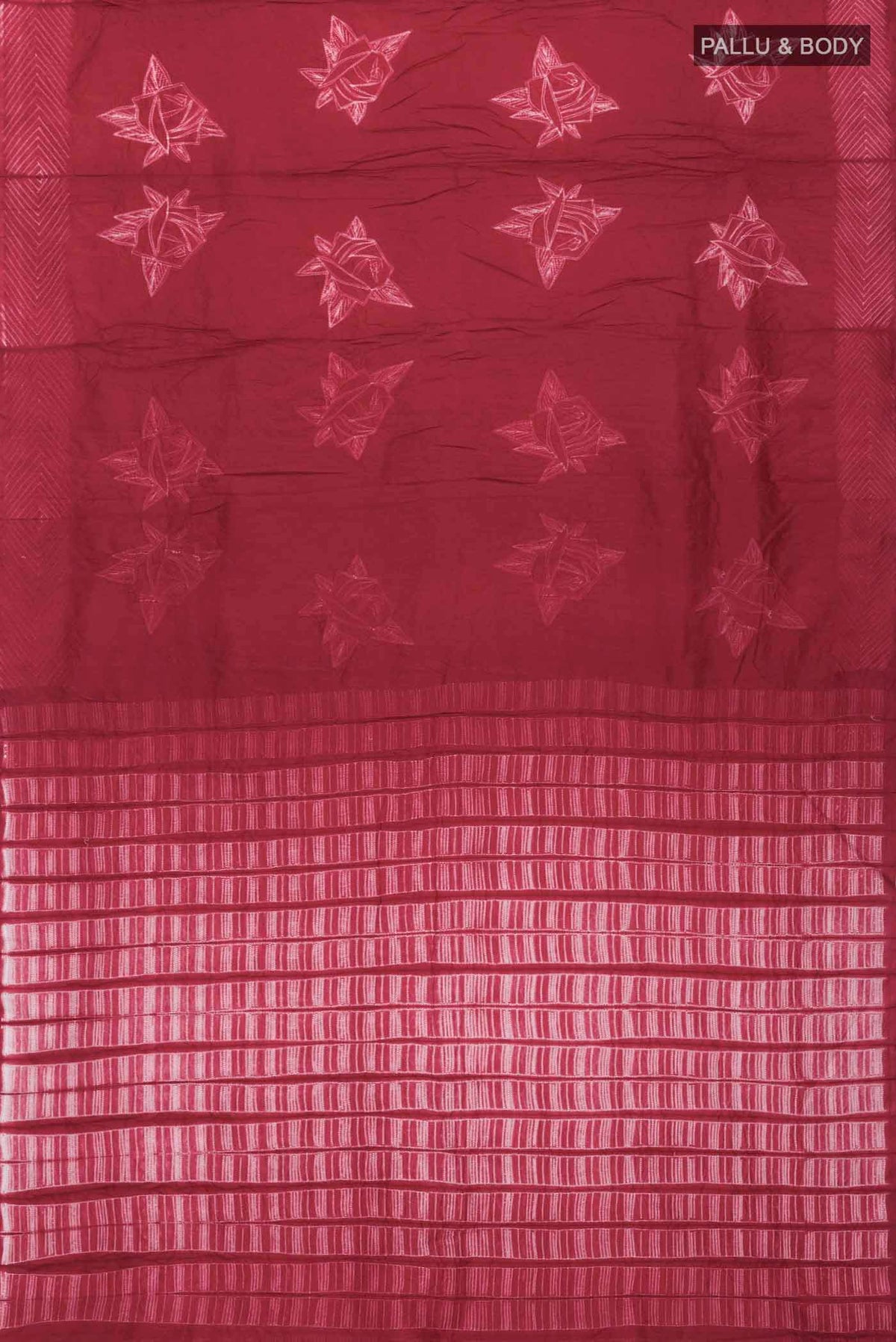 Flat view of Red Tussar Silk Saree Printed design on the body and Without Border