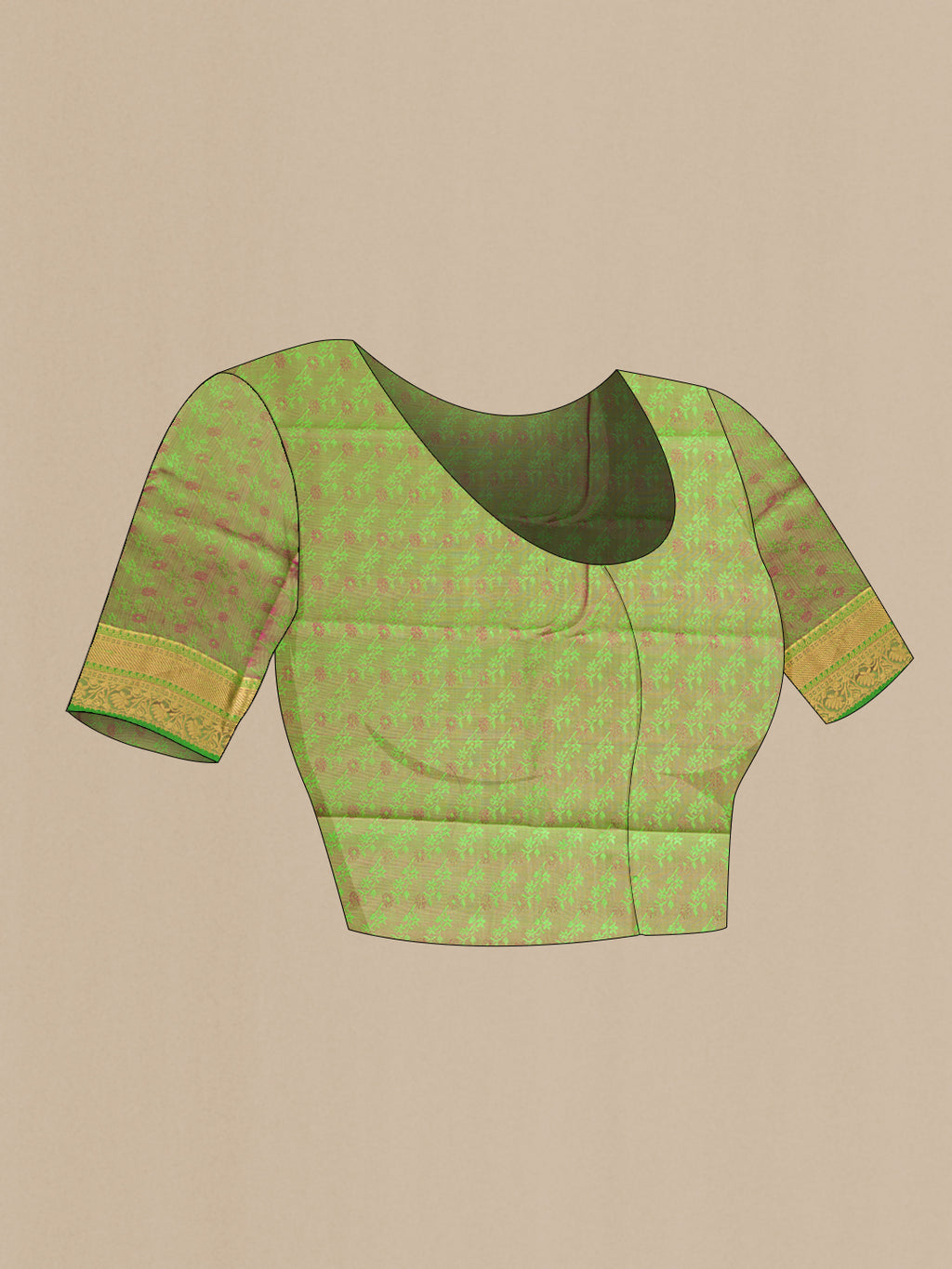 Close up image of the blouse of Parrot Green Dual Tone Kanchipuram Silk Saree with Jacquard With Zari Butta on the body and Zari Border. 