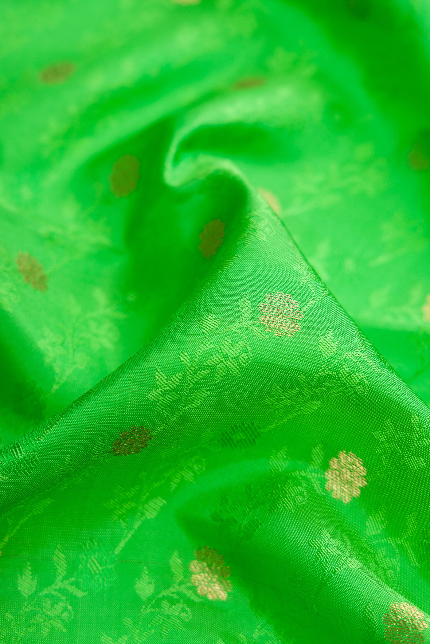 Close up of Parrot Green Dual Tone Kanchipuram Silk Saree with Jacquard With Zari Butta on the body and Zari Border.  displaying folds