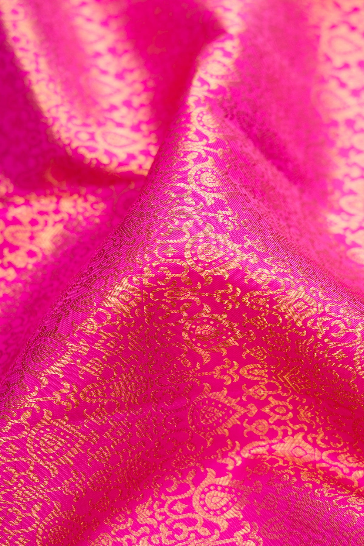 Close up of Pink Dual Tone Kanchipuram Silk Saree with Zari Brocade on the body and Zari Border.  displaying folds