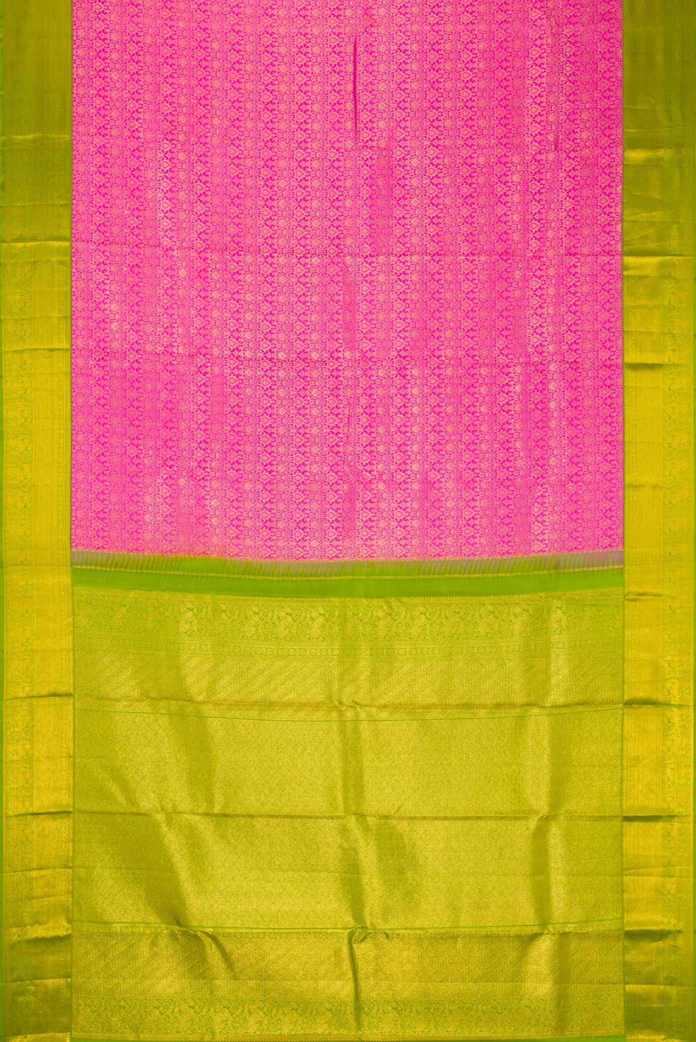 Flat view of Pink Dual Tone Kanchipuram Silk Saree with Zari Brocade on the body and Zari Border. 