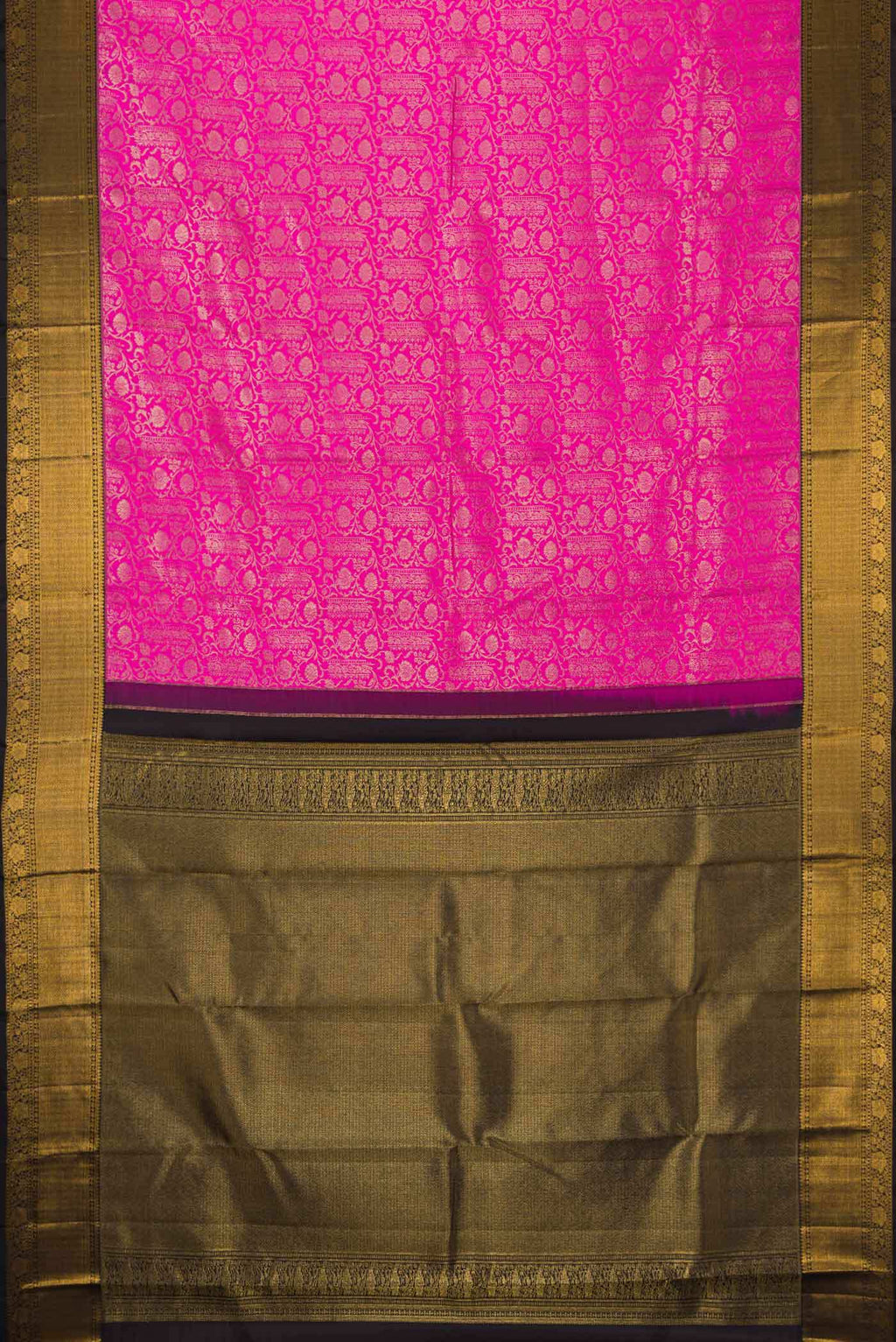 Flat view of Pink Dual Tone Kanchipuram Silk Saree with Zari Brocade on the body and Zari Border. 