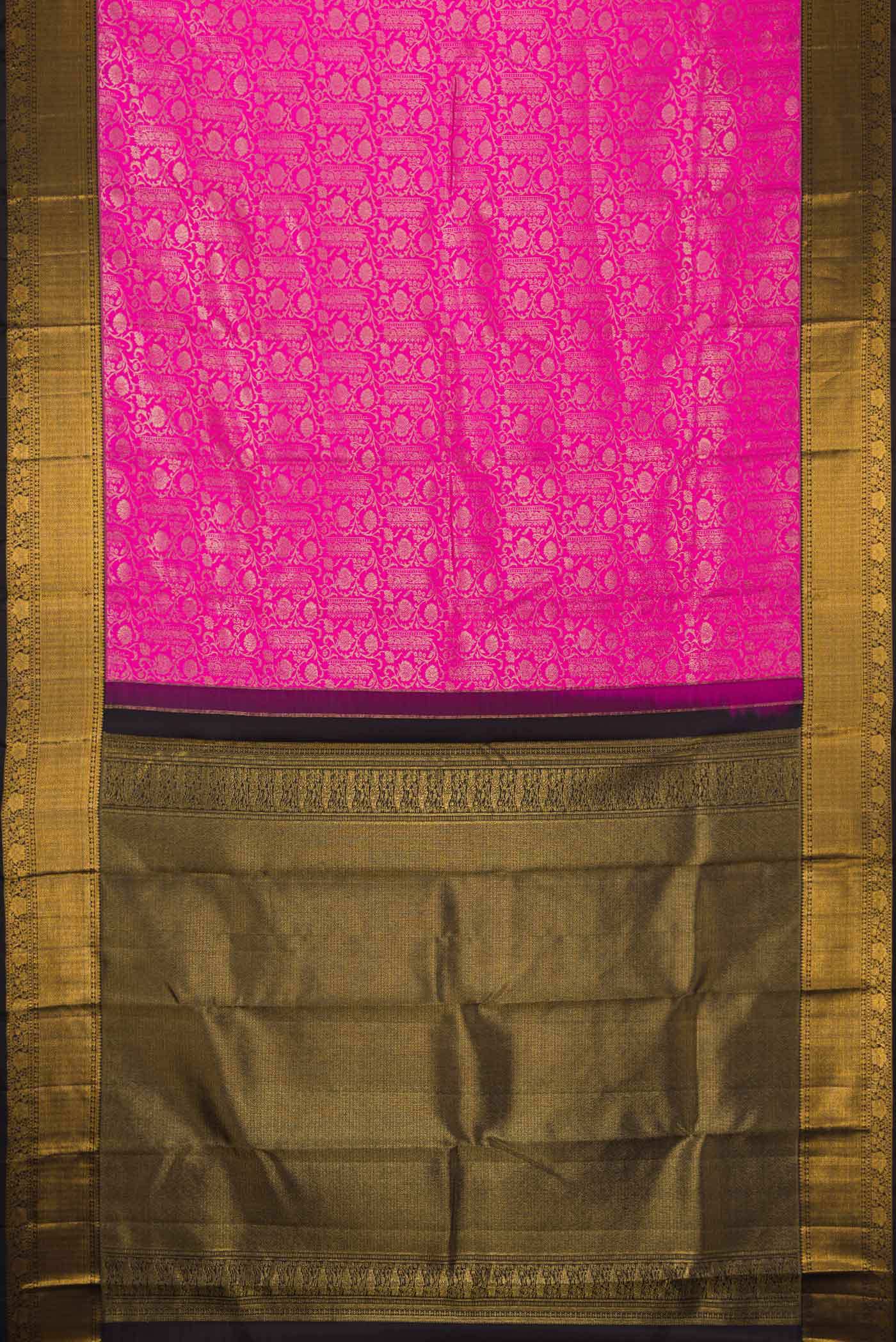 Flat view of Pink Dual Tone Kanchipuram Silk Saree with Zari Brocade on the body and Zari Border. 