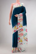 Navy Blue Dual Tone Kanchipuram Silk Saree with Plain Body and Printed Border displayed on a mannequin