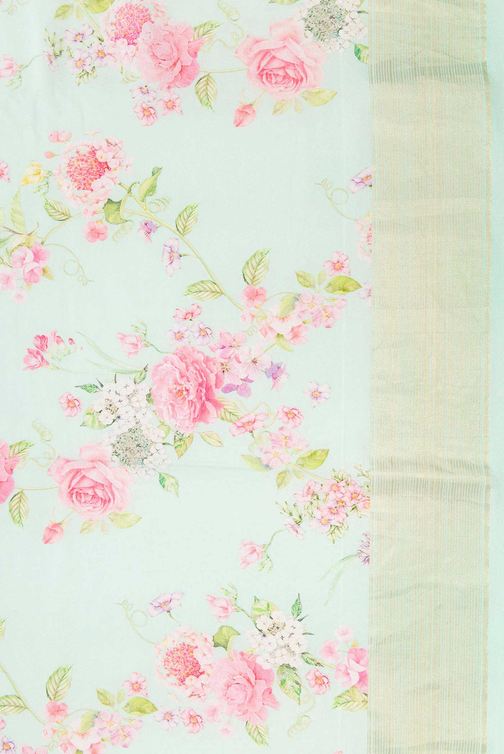 Border image of Sea Green Dual Tone Linen Saree with Printed design on the body and Zari Border. 