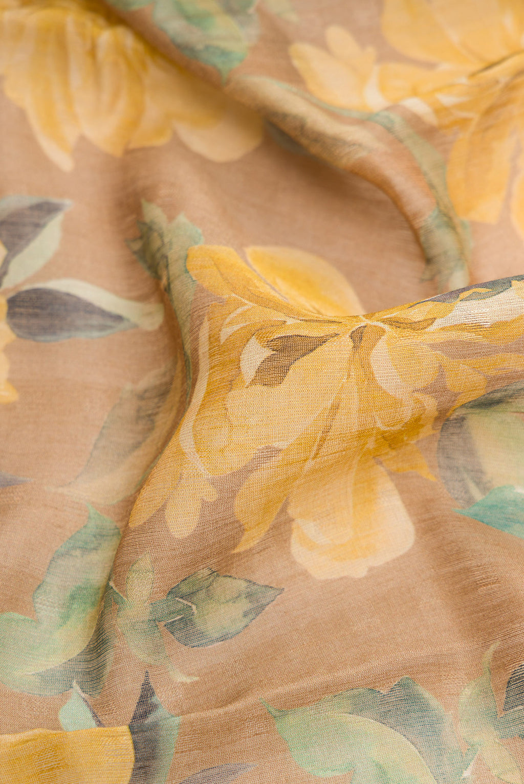 Close up of Beige Dual Tone Tussar Silk Saree with Printed design on the body and Embroidery Border.  displaying folds