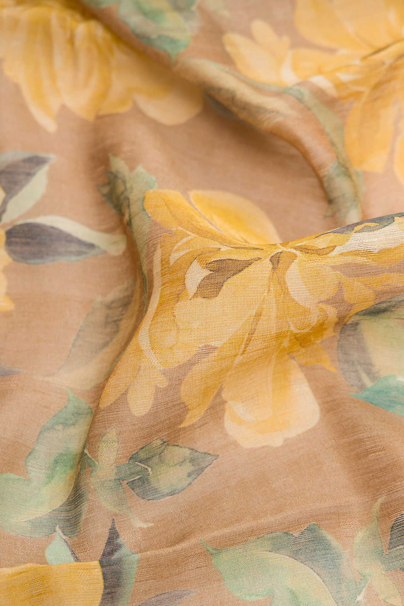 Close up of Beige Dual Tone Tussar Silk Saree with Printed design on the body and Embroidery Border.  displaying folds