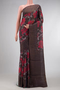 Brown Dual Tone Tussar Silk Saree with Printed design on the body and Embroidery Border.  displayed on a mannequin