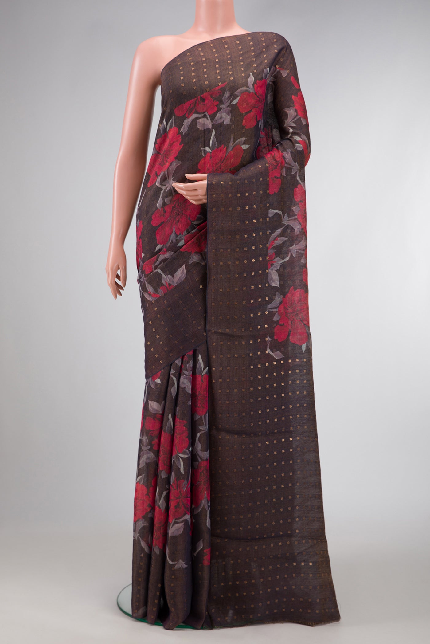 Brown Dual Tone Tussar Silk Saree with Printed design on the body and Embroidery Border.  displayed on a mannequin