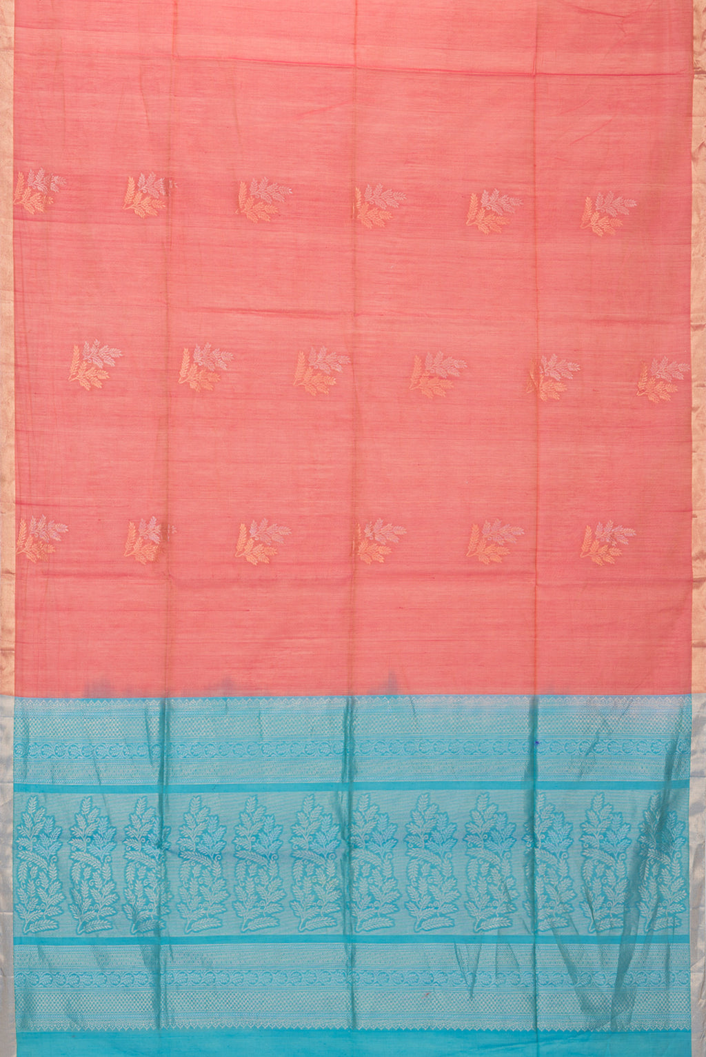 Flat view of Red Silk Cotton Saree with Zari Butta on the body and Zari Border. 
